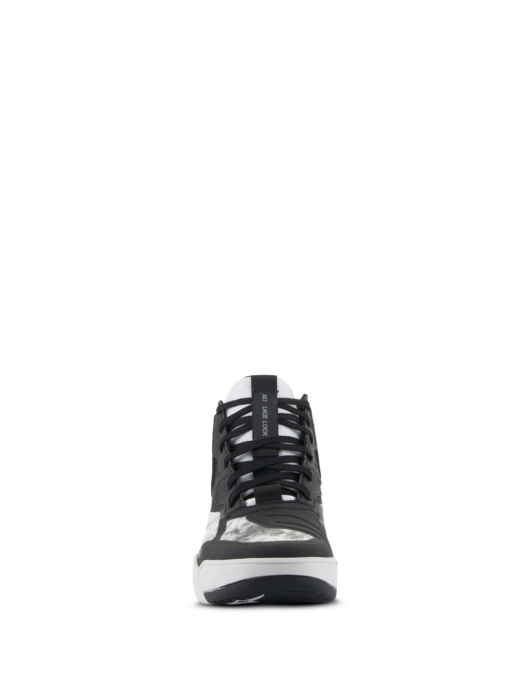 Zapatos Alpinestars Speedflight, zapatos para moto, negro, gris y blanco, vista frontal con cordones negros, correa de sujeción AS1 Lace Lock en la lengüeta y almohadilla de cambio integrada, calzado de alto rendimiento de estilo urbano.