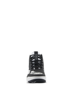 Zapatos Alpinestars Speedflight, zapatos para moto, negro, gris y blanco, vista frontal con cordones negros, correa de sujeción AS1 Lace Lock en la lengüeta y almohadilla de cambio integrada, calzado de alto rendimiento de estilo urbano.