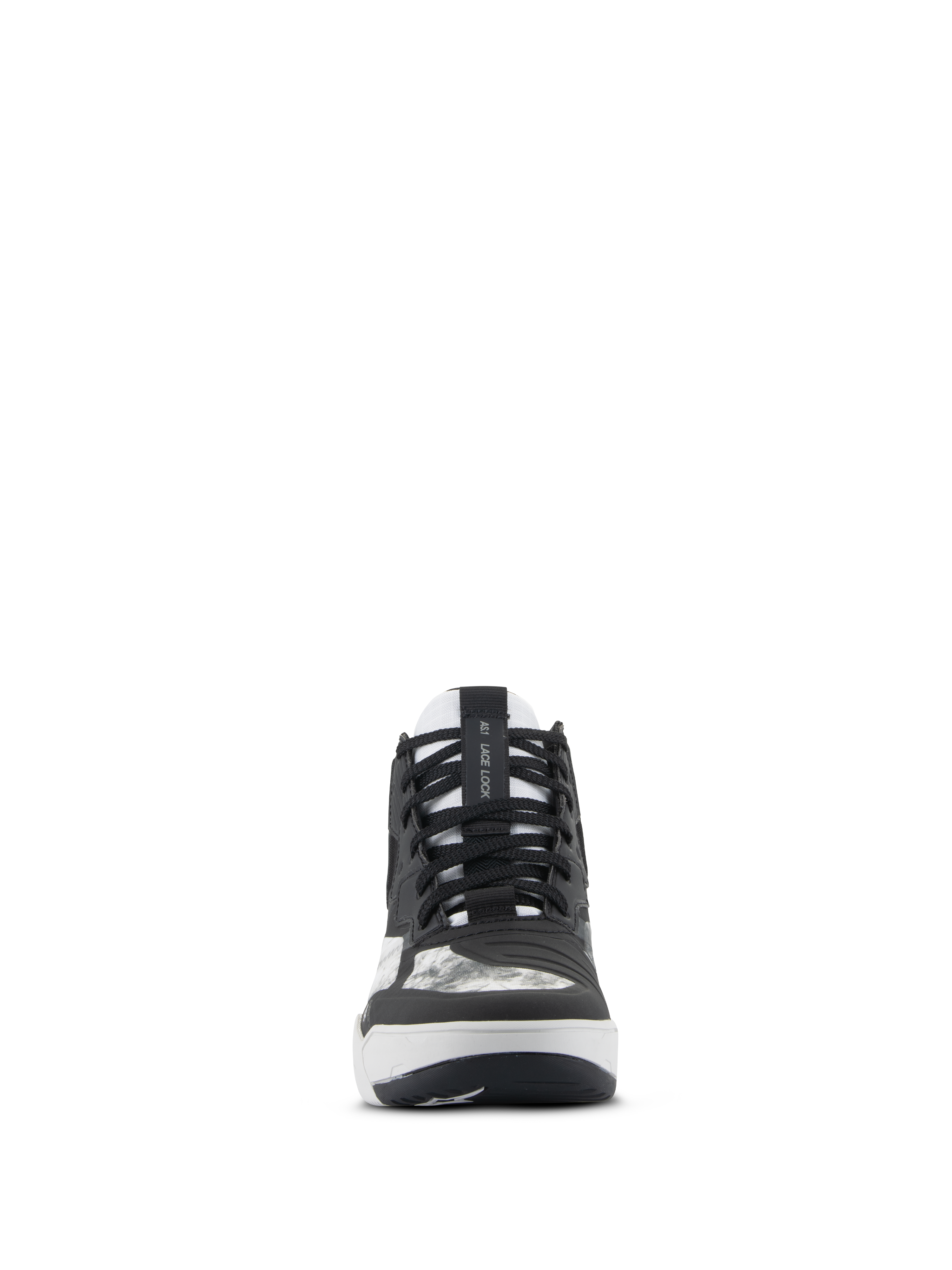 Zapatos Alpinestars Speedflight, zapatos para moto, negro, gris y blanco, vista frontal con cordones negros, correa de sujeción AS1 Lace Lock en la lengüeta y almohadilla de cambio integrada, calzado de alto rendimiento de estilo urbano.