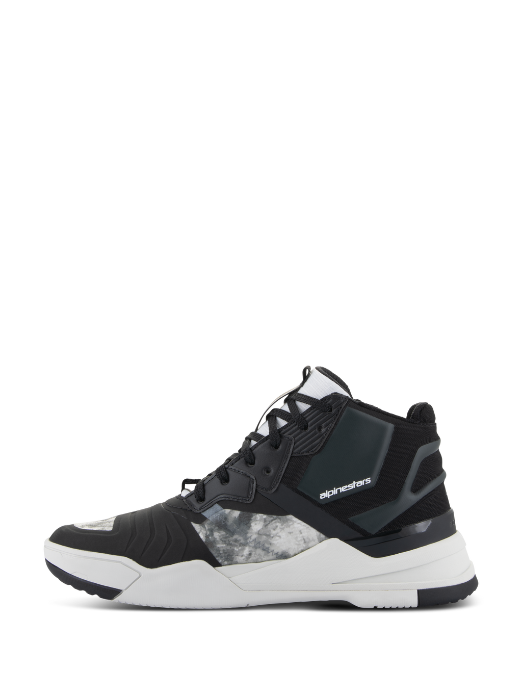 Zapatos Alpinestars Speedflight, calzado para motociclismo, negro, gris y blanco, vista de perfil lateral con parte superior textil ripstop con paneles con patrón gris, talón reforzado negro y entresuela blanca gruesa con el logotipo de la marca, diseño de estilo deportivo urbano