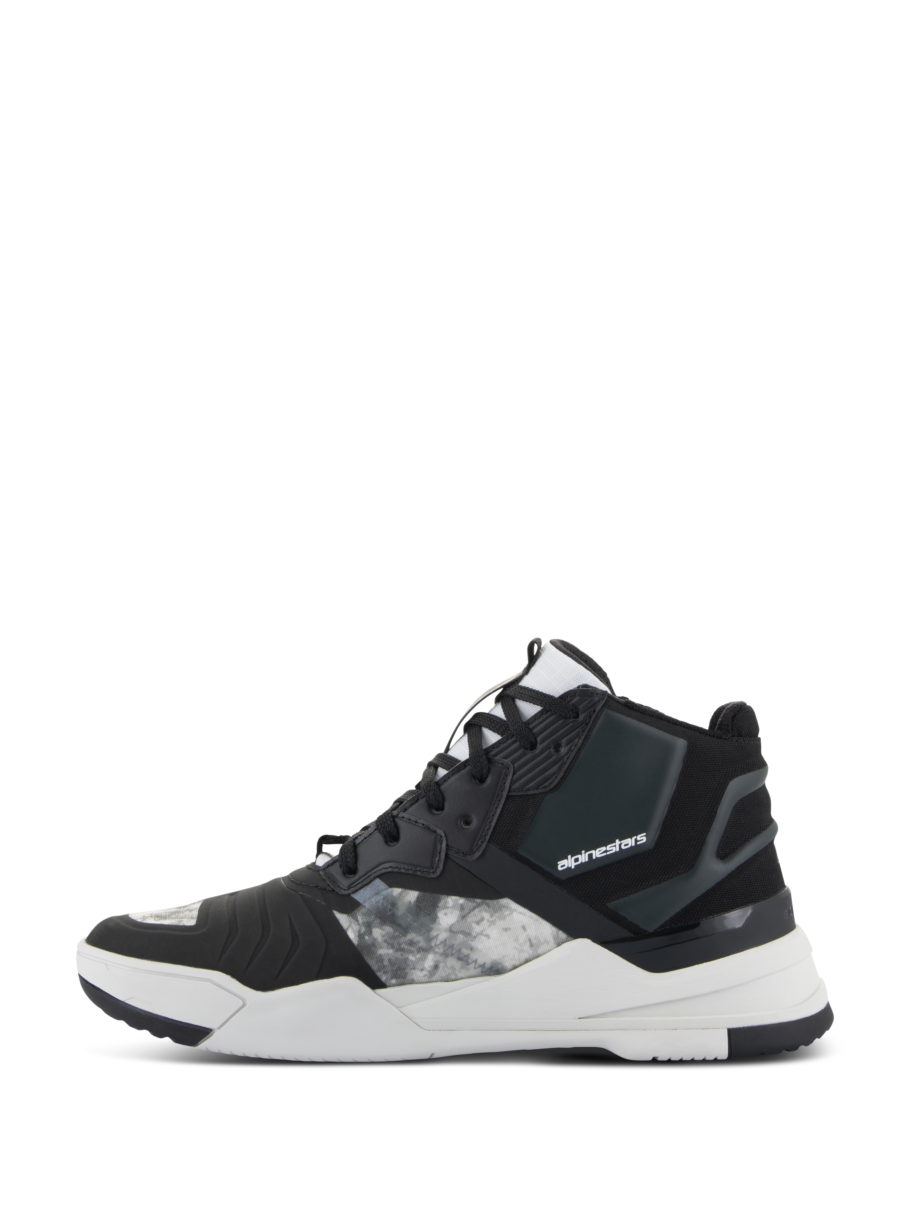 Zapatos Alpinestars Speedflight, calzado para motociclismo, negro, gris y blanco, vista de perfil lateral con parte superior textil ripstop con paneles con patrón gris, talón reforzado negro y entresuela blanca gruesa con el logotipo de la marca, diseño de estilo deportivo urbano