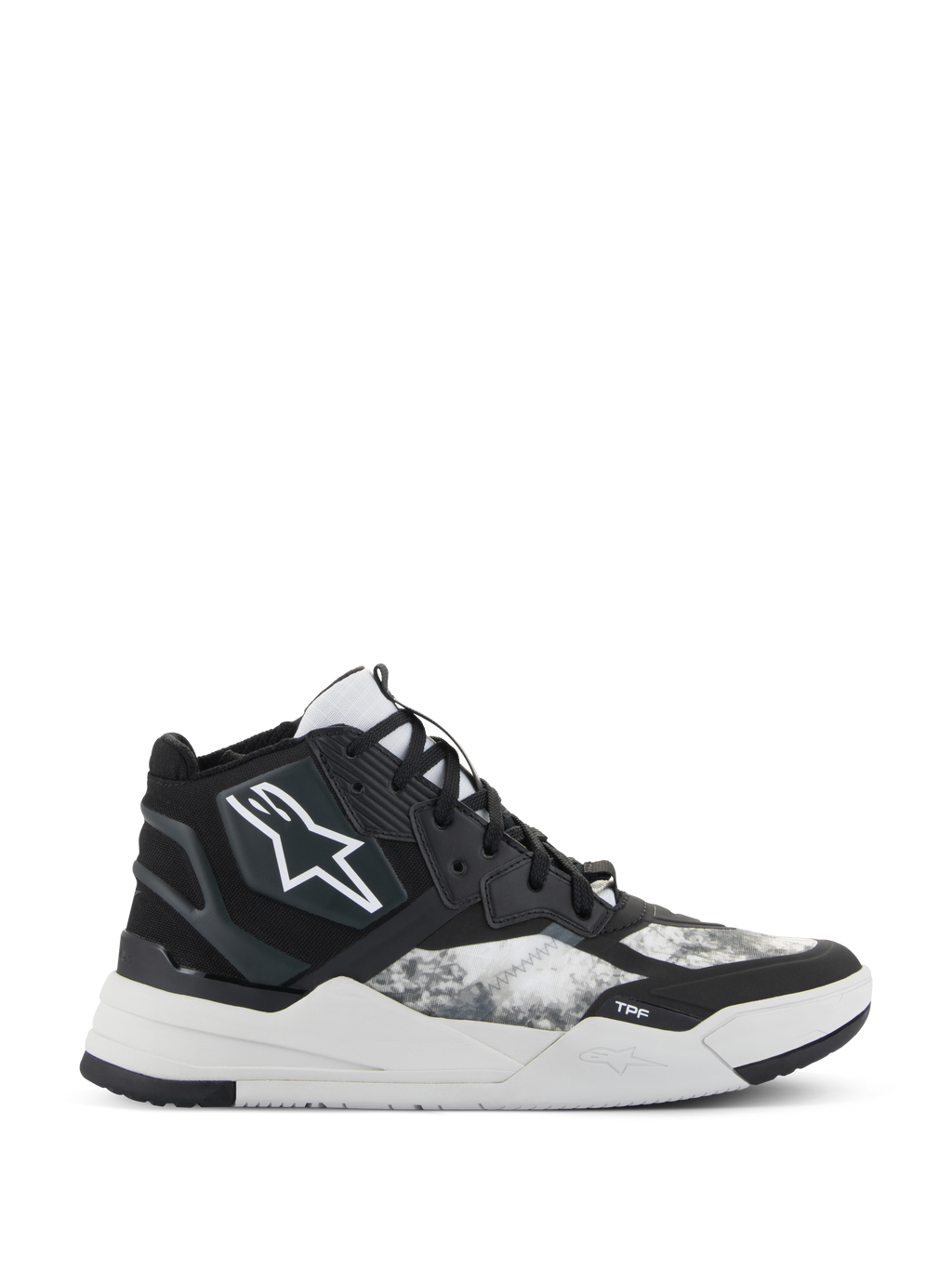 Zapatos Alpinestars Speedflight, zapatillas de conducción de alto rendimiento de caña alta, negro, gris y blanco, con logotipo de estrella blanca, patrón ripstop texturizado en los paneles laterales y una suela geométrica blanca gruesa con la marca TPF