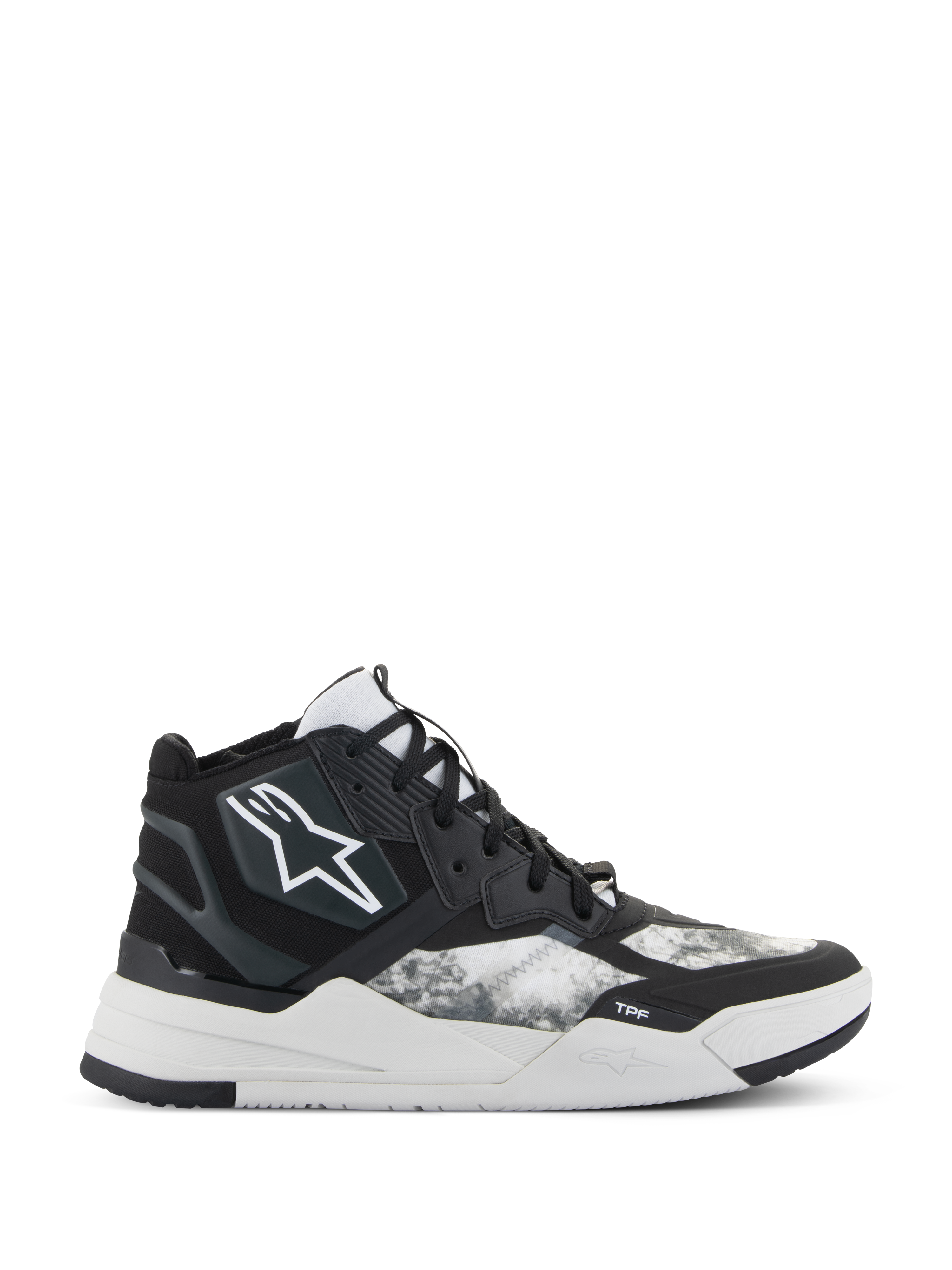Zapatos Alpinestars Speedflight, zapatillas de conducción de alto rendimiento de caña alta, negro, gris y blanco, con logotipo de estrella blanca, patrón ripstop texturizado en los paneles laterales y una suela geométrica blanca gruesa con la marca TPF