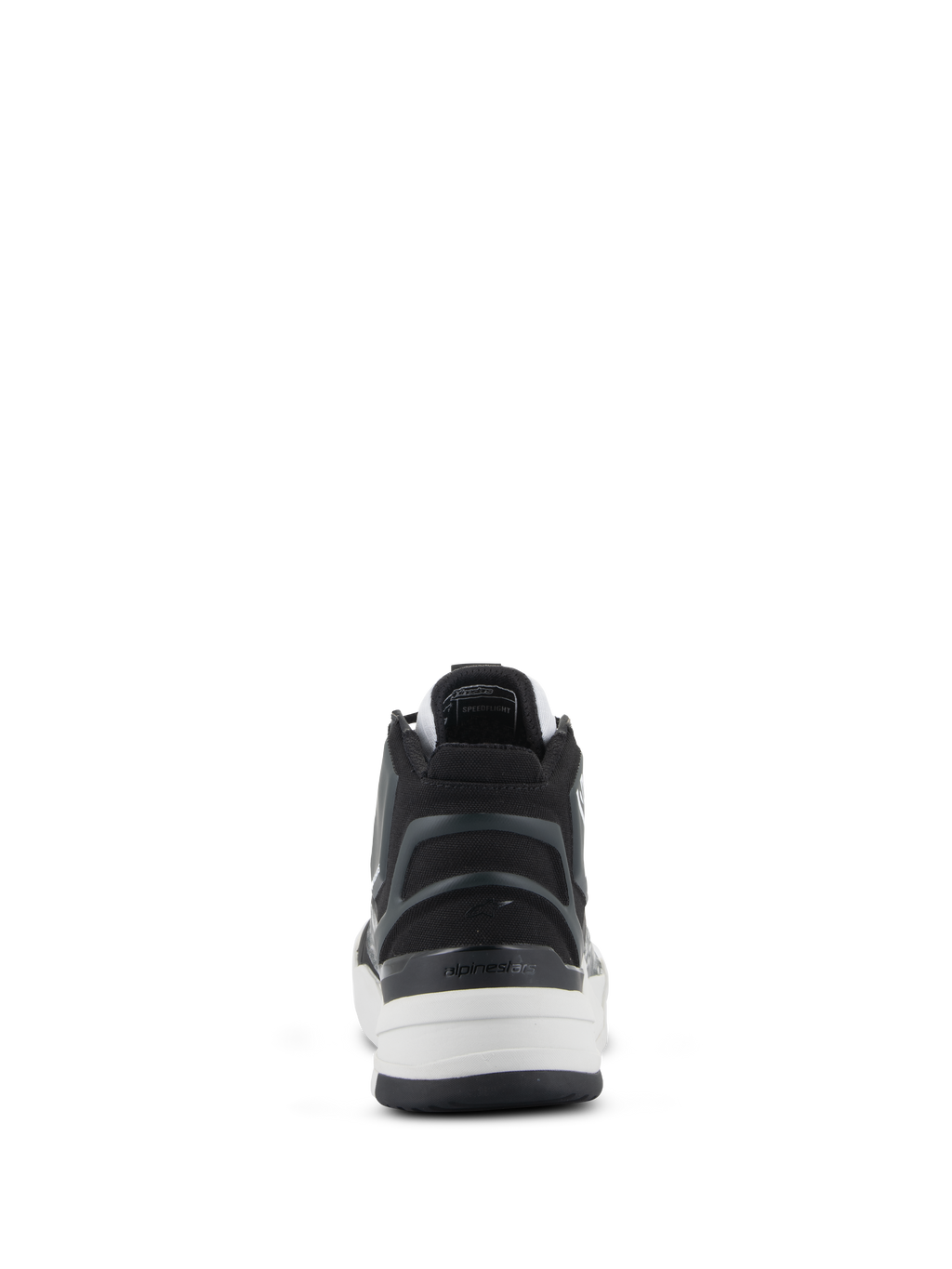 Zapatos Alpinestars Speedflight, zapatos de motociclismo de alto rendimiento, negro, gris y blanco, vista trasera que destaca el refuerzo de talón asimétrico de TPU con logotipo, entresuela blanca y diseño de estilo deportivo urbano