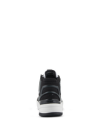 Zapatos Alpinestars Speedflight, zapatos de motociclismo de alto rendimiento, negro, gris y blanco, vista trasera que destaca el refuerzo de talón asimétrico de TPU con logotipo, entresuela blanca y diseño de estilo deportivo urbano