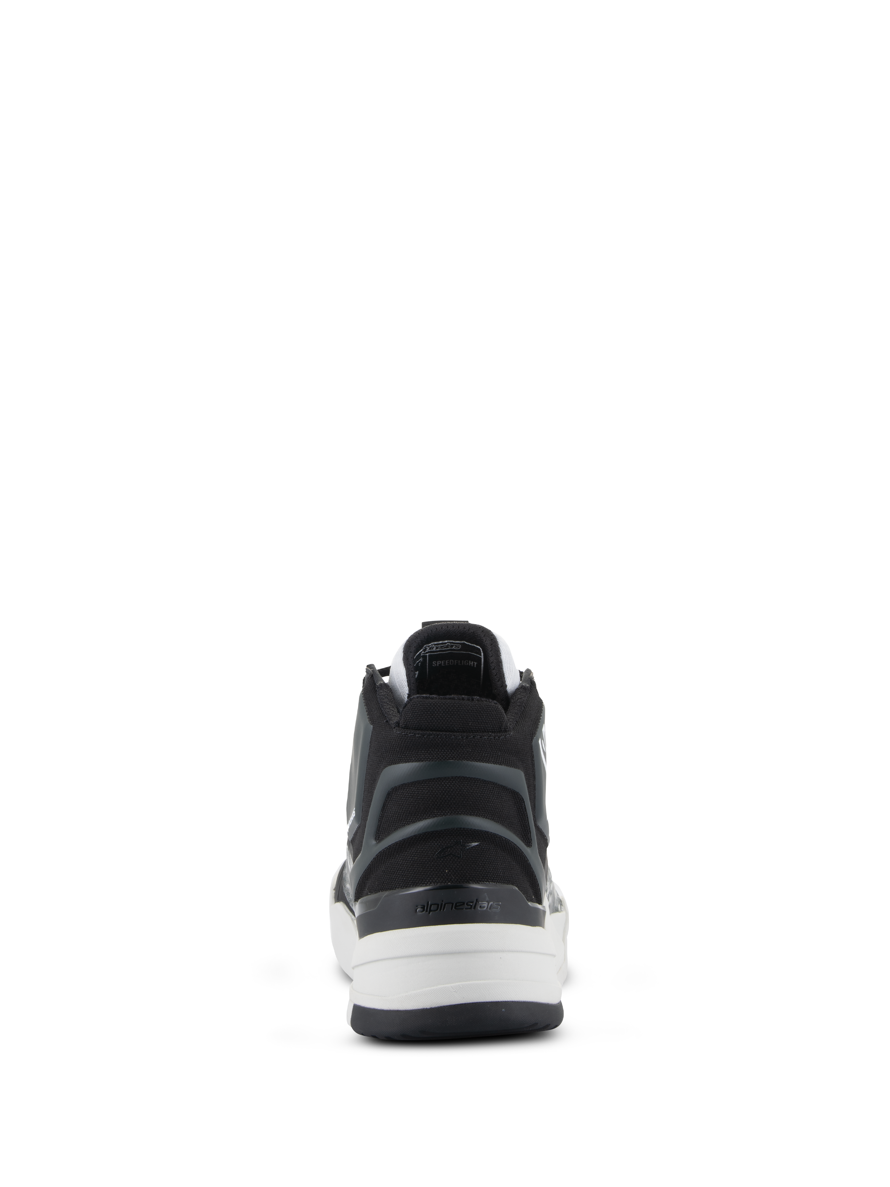 Zapatos Alpinestars Speedflight, zapatos de motociclismo de alto rendimiento, negro, gris y blanco, vista trasera que destaca el refuerzo de talón asimétrico de TPU con logotipo, entresuela blanca y diseño de estilo deportivo urbano