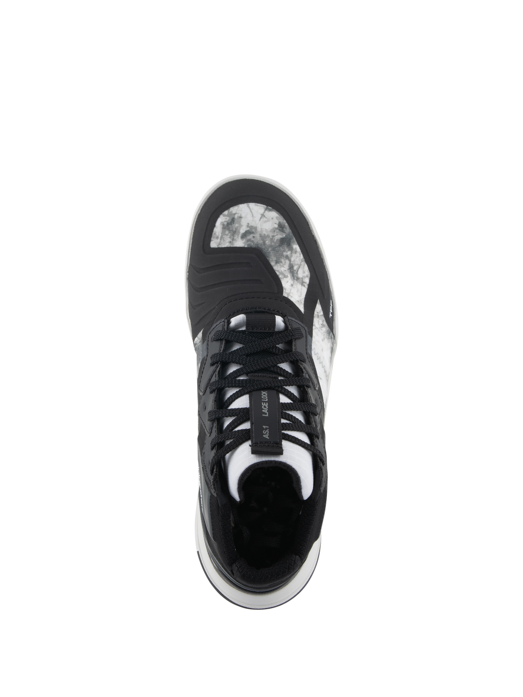 Zapatos Alpinestars Speedflight, Negro Gris Blanco, vista superior que muestra la parte superior de ripstop jaspeado, sistema de bloqueo de cordones en la lengüeta y almohadilla de cambio integrada, zapato de motociclismo de estilo urbano