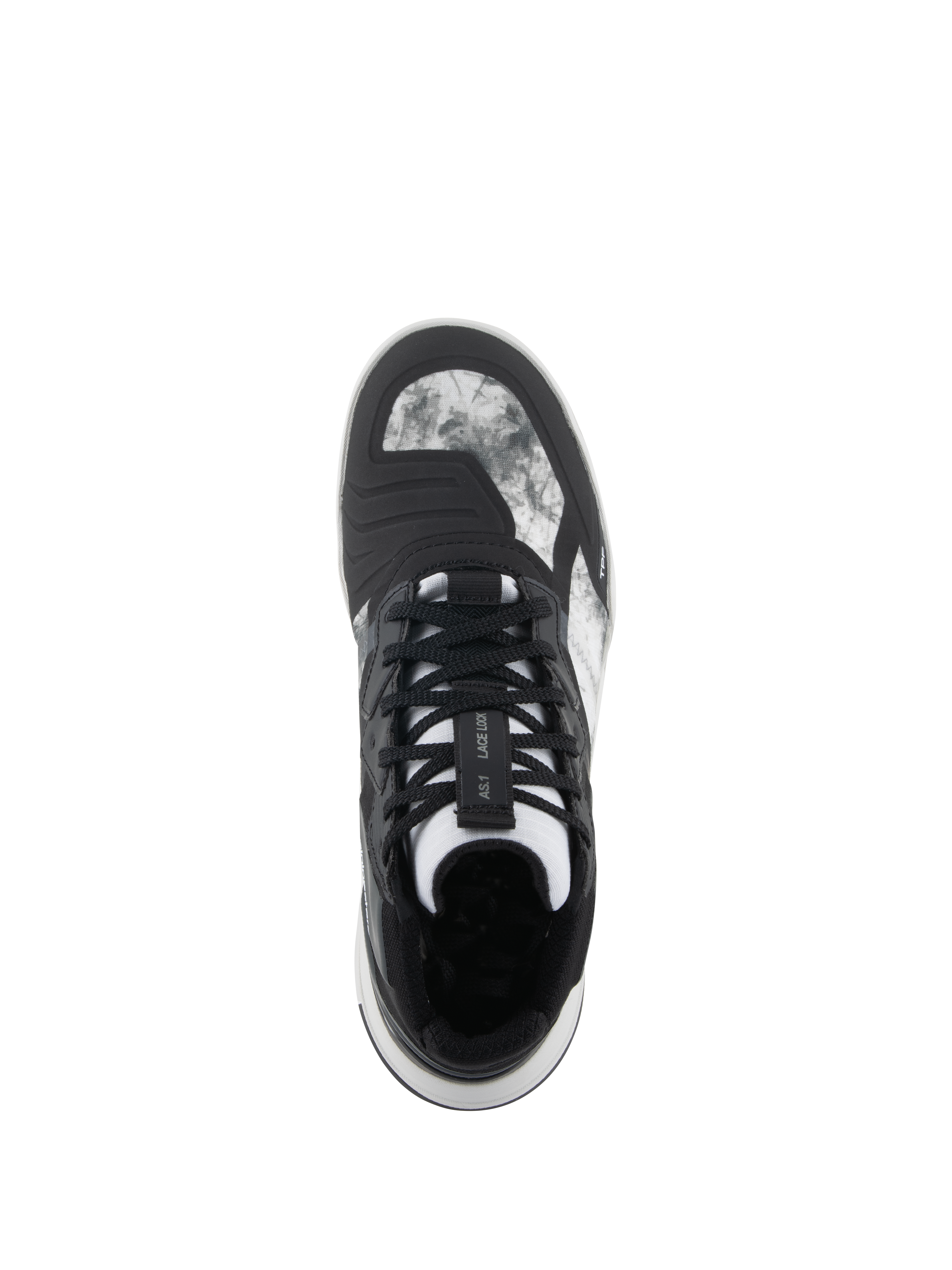 Zapatos Alpinestars Speedflight, Negro Gris Blanco, vista superior que muestra la parte superior de ripstop jaspeado, sistema de bloqueo de cordones en la lengüeta y almohadilla de cambio integrada, zapato de motociclismo de estilo urbano