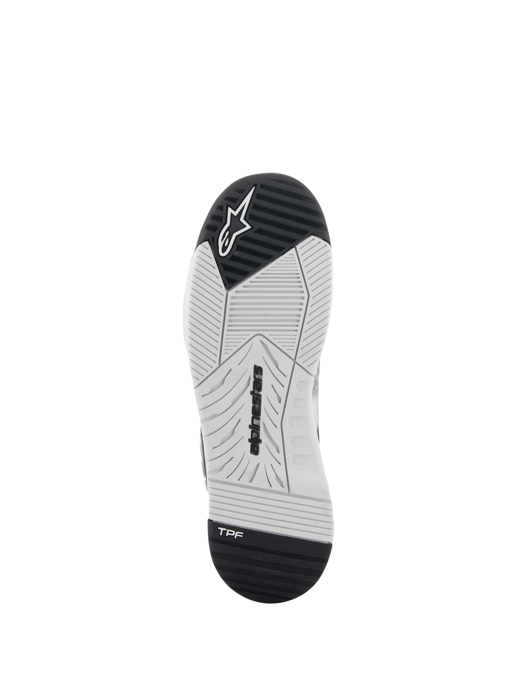Alpinestars Speedflight Shoes, zapatos de motociclismo, negros y blancos, vista inferior de la suela con goma de doble densidad, logotipo de Alpinestars y logo TPF Transversal Protection Frame, patrón de dibujo diseñado para el agarre