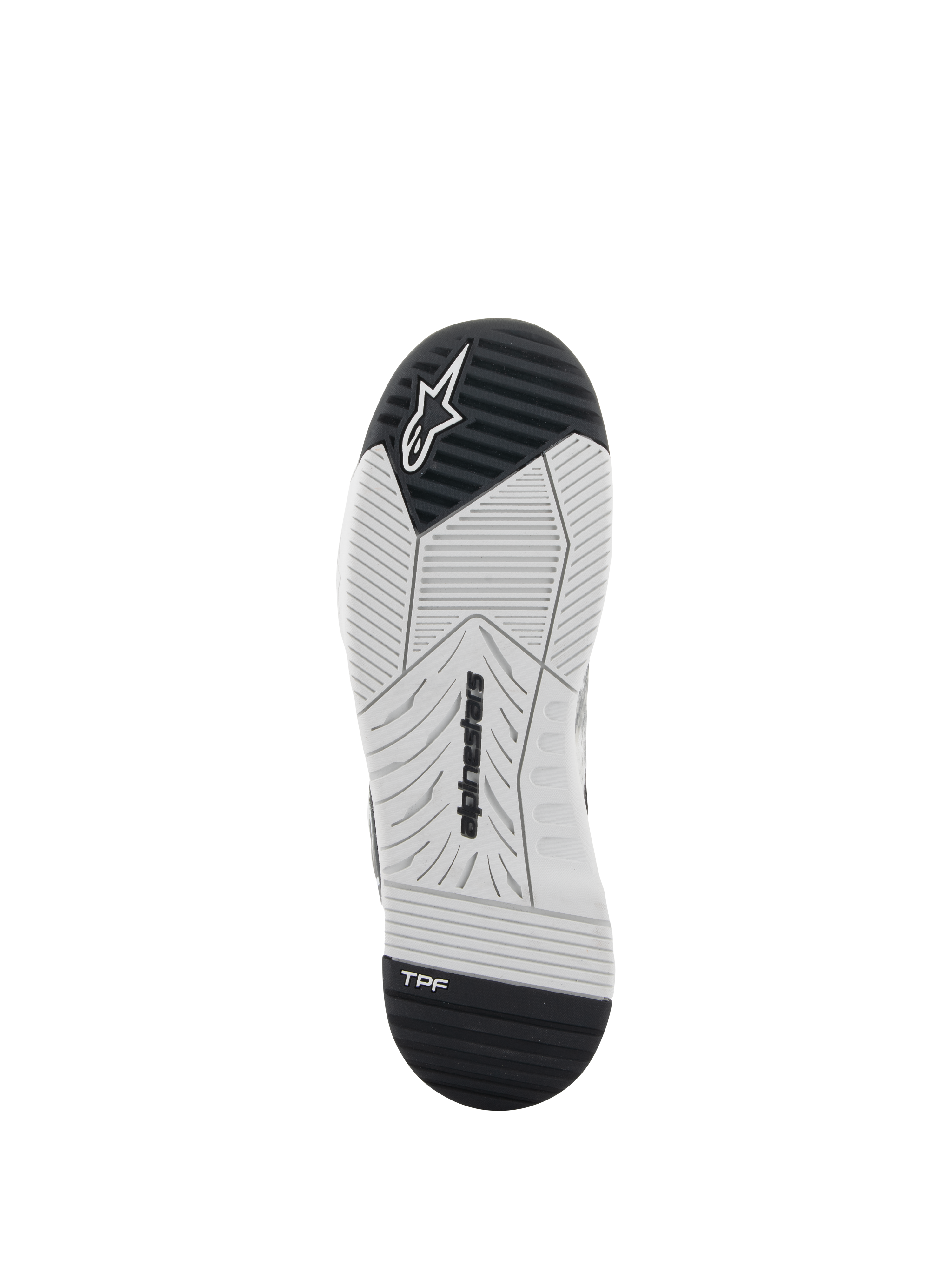 Alpinestars Speedflight Shoes, zapatos de motociclismo, negros y blancos, vista inferior de la suela con goma de doble densidad, logotipo de Alpinestars y logo TPF Transversal Protection Frame, patrón de dibujo diseñado para el agarre