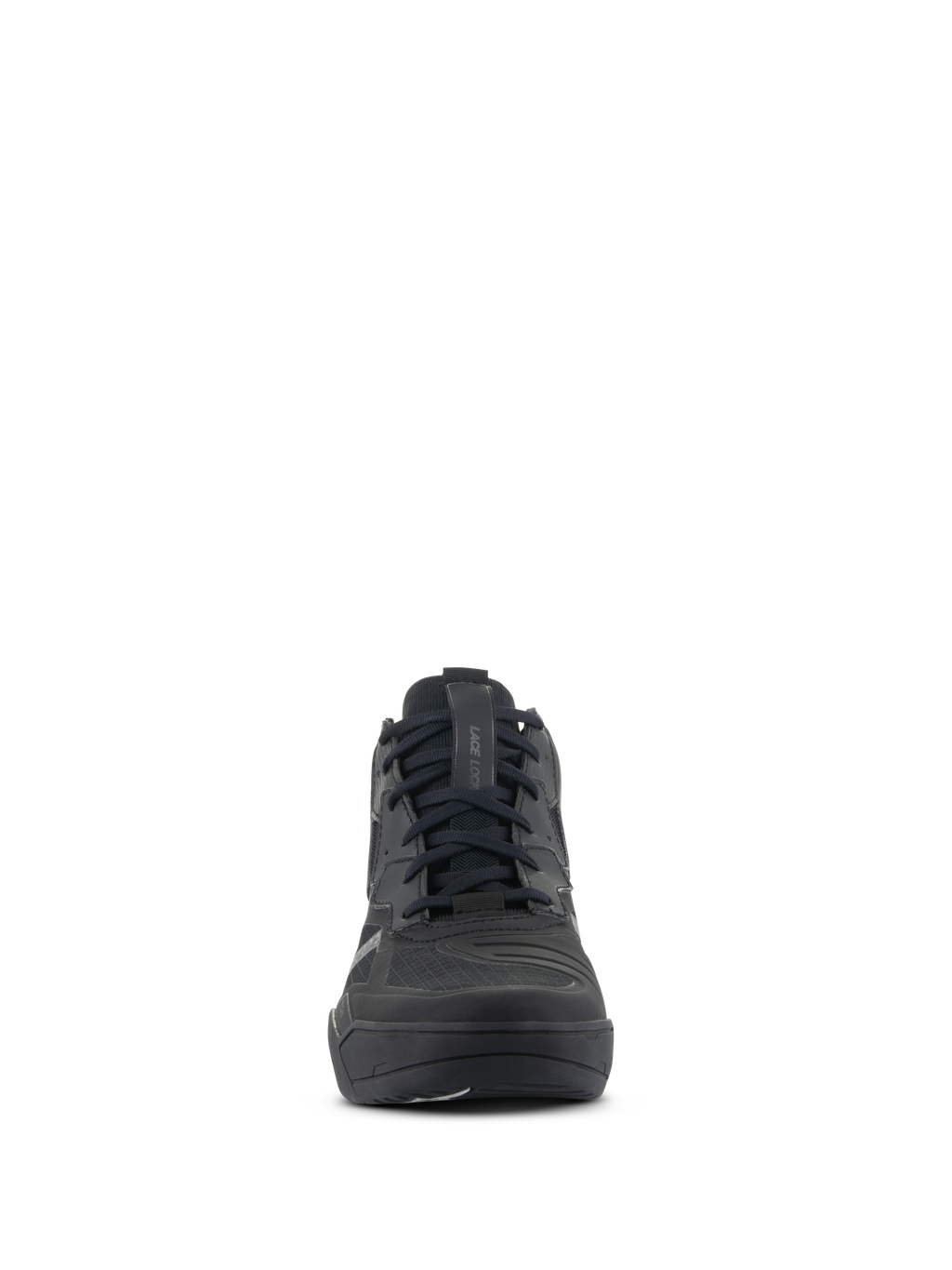 Zapatos Alpinestars Speedflight, calzado para motociclismo de alto rendimiento, color negro, vista frontal, parte superior de ripstop de alto rendimiento con refuerzos sin costuras, diseño de estilo urbano con sistema de cierre de cordones para conducción urbana.