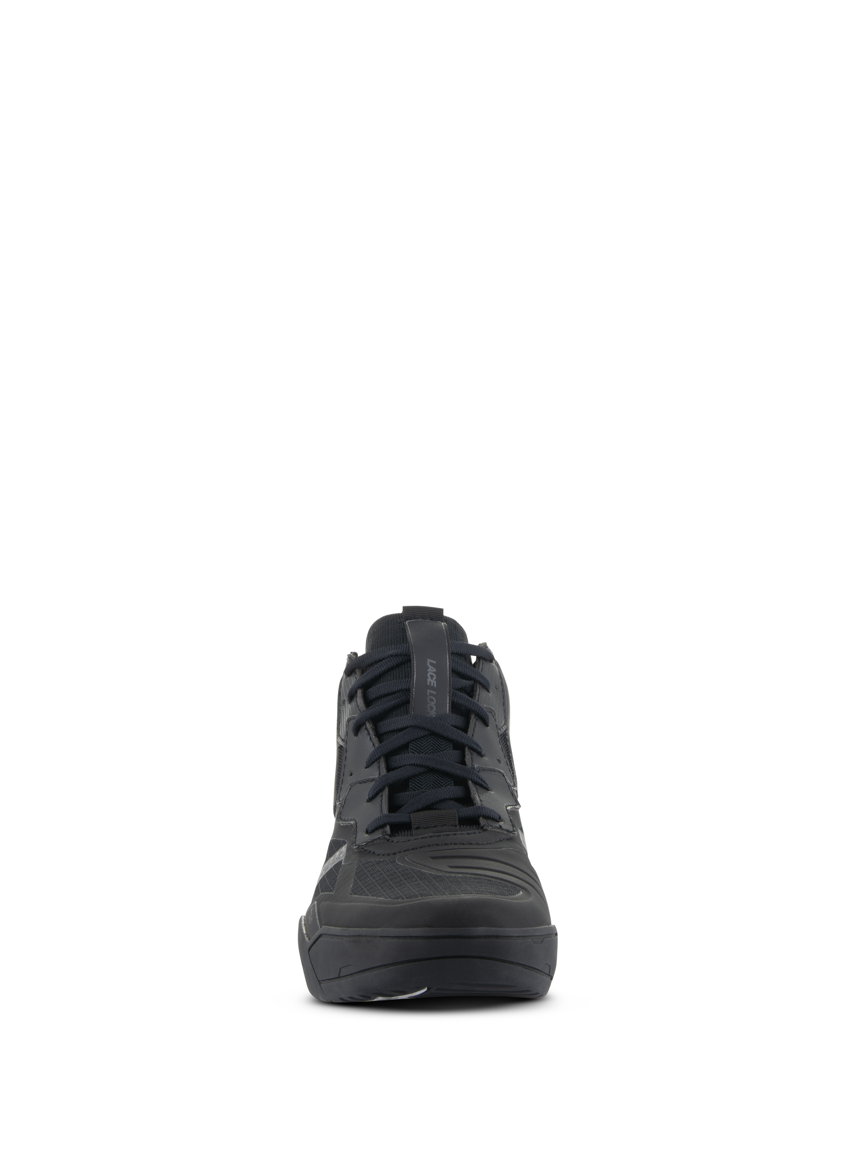 Zapatos Alpinestars Speedflight, calzado para motociclismo de alto rendimiento, color negro, vista frontal, parte superior de ripstop de alto rendimiento con refuerzos sin costuras, diseño de estilo urbano con sistema de cierre de cordones para conducción urbana.