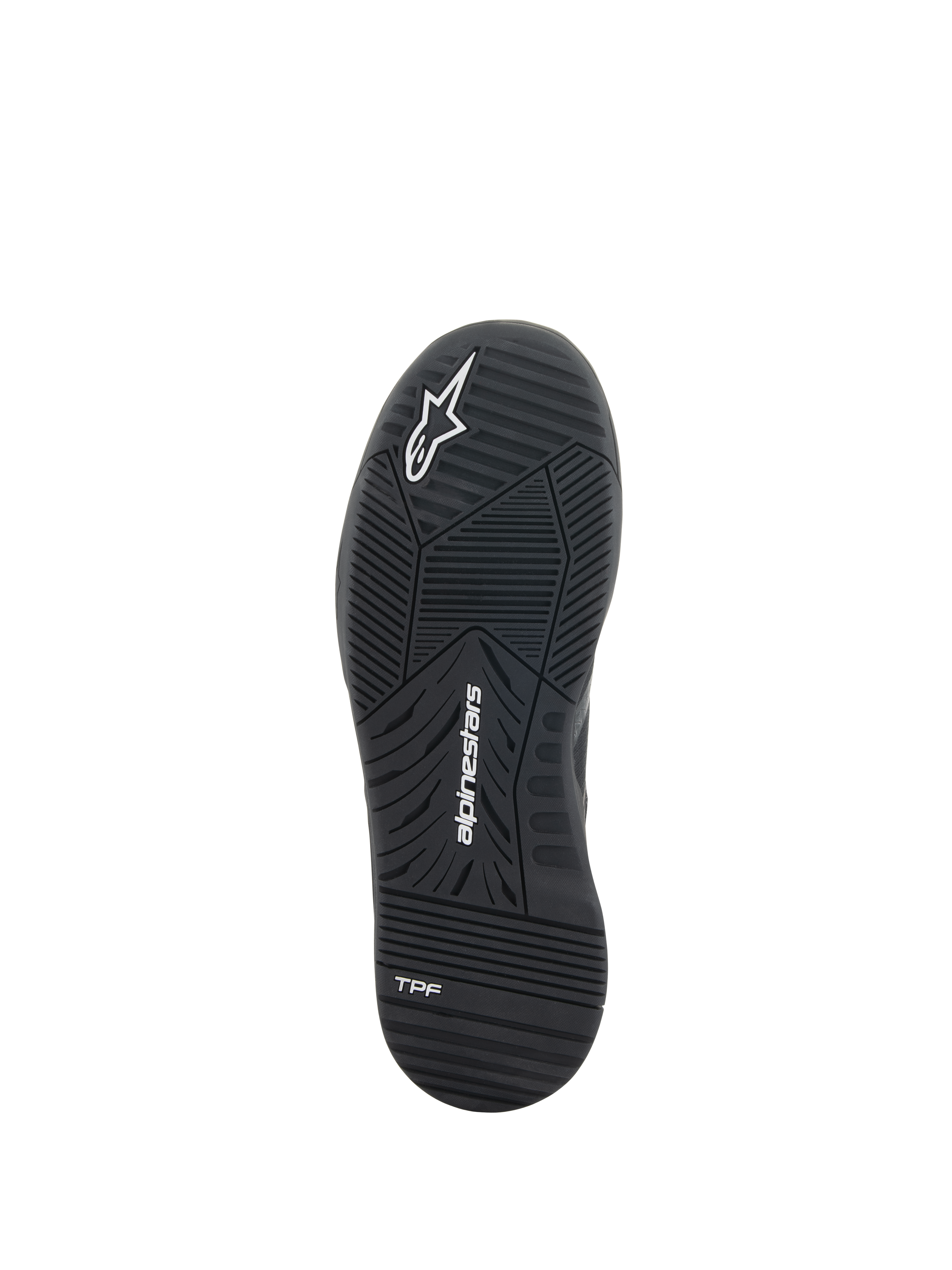 Zapatos Alpinestars Speedflight, zapatos para motociclismo, negros, vista inferior de la suela de goma de doble densidad, con el logotipo de Alpinestars y la marca TPF, patrón de dibujo técnico para un rendimiento urbano