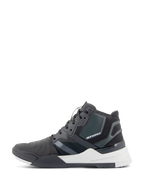 Alpinestars Speedflight Shoes, Performance Riding Shoes, Black and White, side profile view featuring a ripstop upper with seamless reinforcement panels, Alpinestars branding on the side, and a thick white midsole, urban technical motorcycle footwear