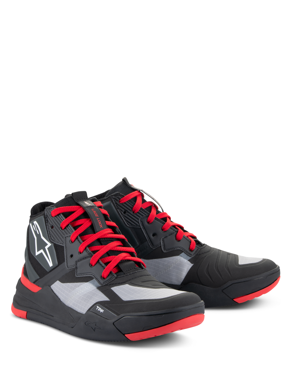 Zapatos Alpinestars Speedflight, calzado de alto rendimiento para moto, negro, rojo brillante y blanco, con parte superior antidesgarro y paneles grises, cordones rojos y detalles en la suela, logotipo Astars blanco en el lateral, diseño de zapatilla de moto de estilo deportivo