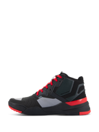 Alpinestars Speedflight Shoes, Performance Riding Shoe, Black with Bright Red and Grey accents, side profile view, featuring ripstop textile upper, bright red laces, and protective heel counter, sporty sneaker-styled motorcycle footwear for urban commuting