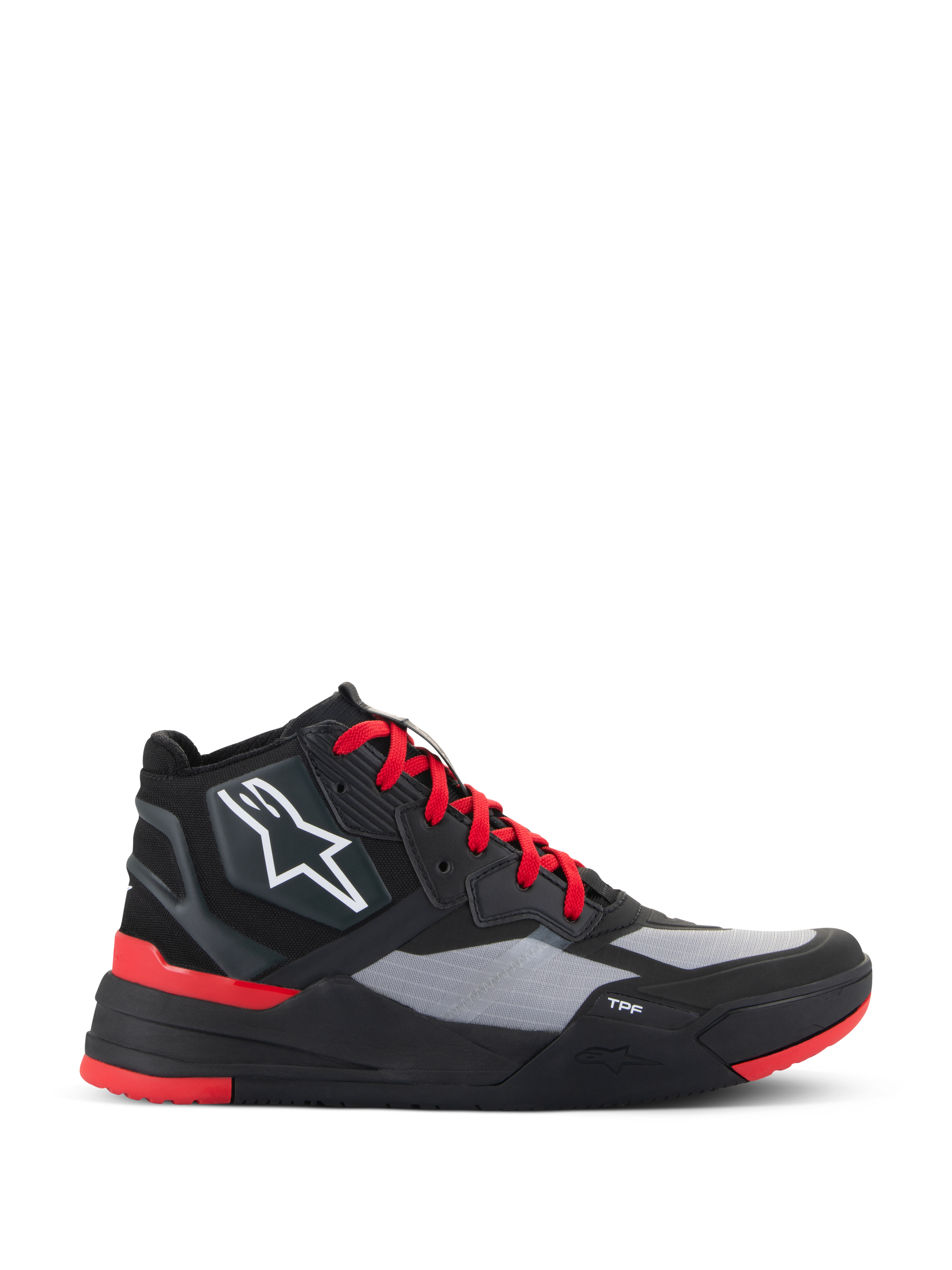 Zapatos Alpinestars Speedflight, zapatillas de motociclismo de caña alta, negro y rojo brillante con paneles grises, logo de estrella blanco, cordones rojos y diseño urbano deportivo con entresuela TPF
