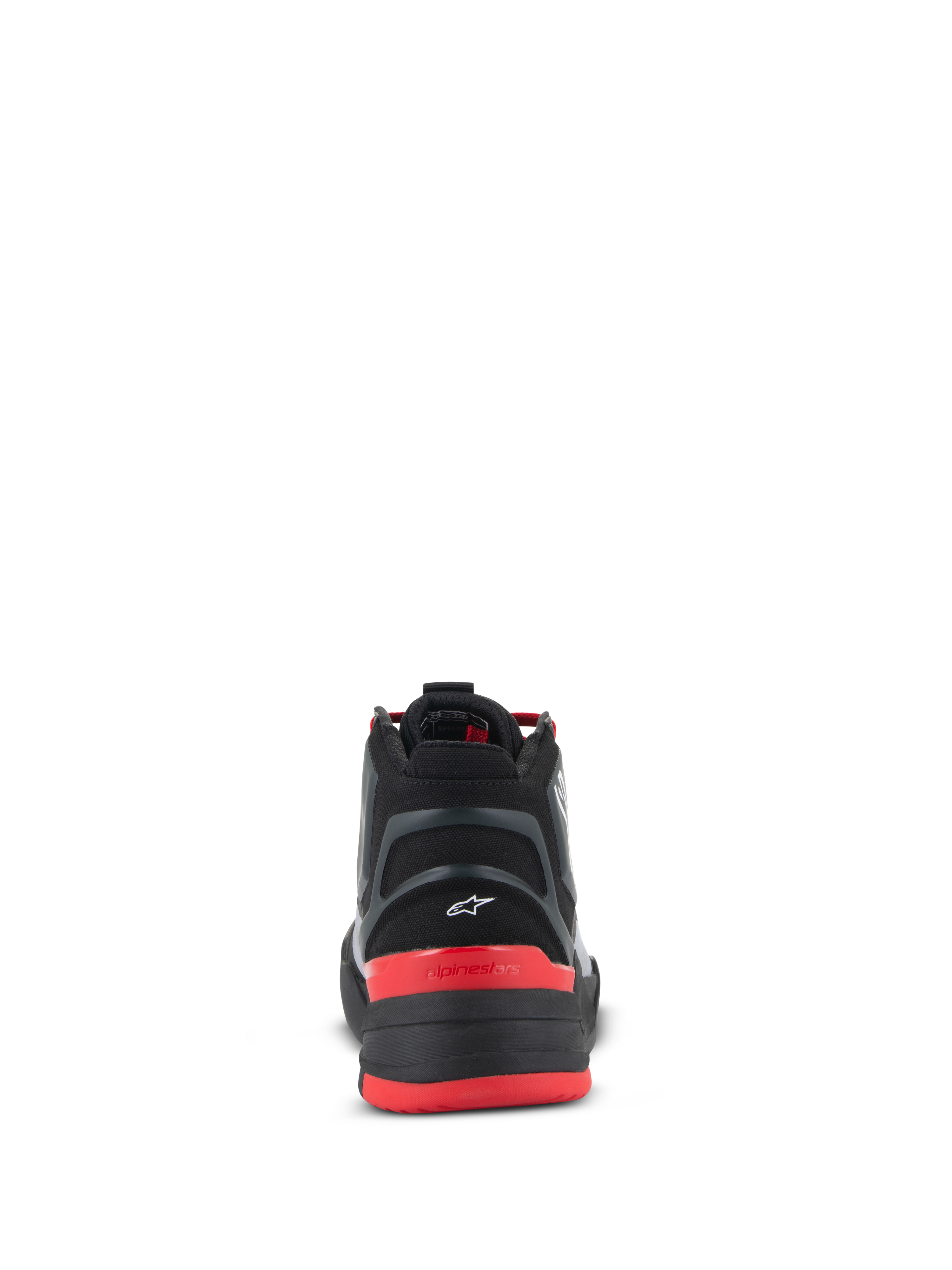 Alpinestars Speedflight Shoes, Performance Riding Shoes, Black Bright Red and White, rear view showing molded heel piece with small white Astar logo, red heel counter with alpinestars text, and performance ripstop upper.