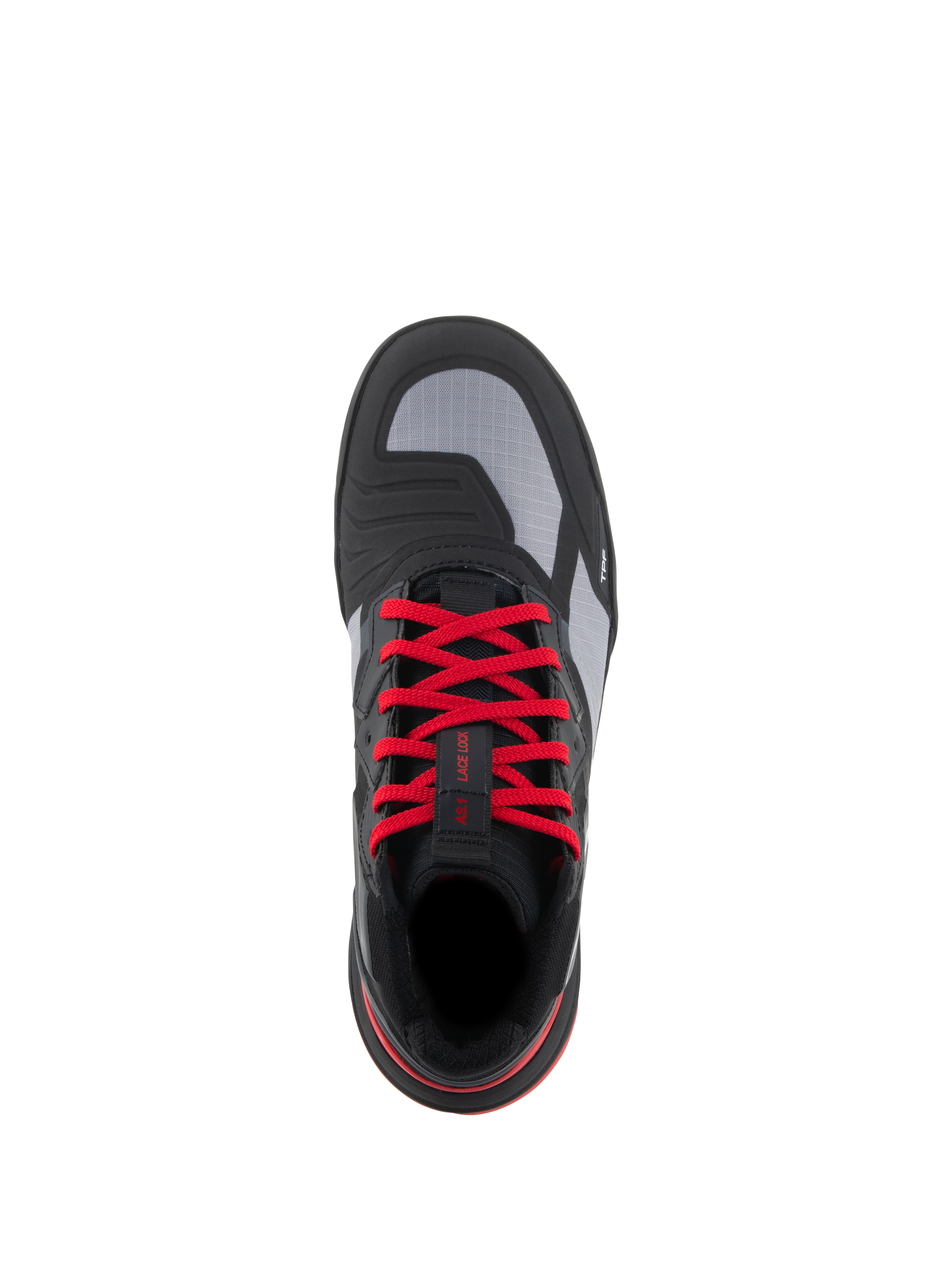 Alpinestars Speedflight Shoes, Performance Riding Shoes, Black Bright Red White, top-down view featuring vibrant red laces, grey ripstop upper panels, and integrated shift pad, urban motorcycle footwear.