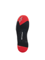 Alpinestars Speedflight Shoes, Motorcycle Riding Shoes, Bottom Sole View, Black and Bright Red, featuring white Alpinestars logo and TPF branding, dual-density rubber outsole with multi-directional grip pattern.