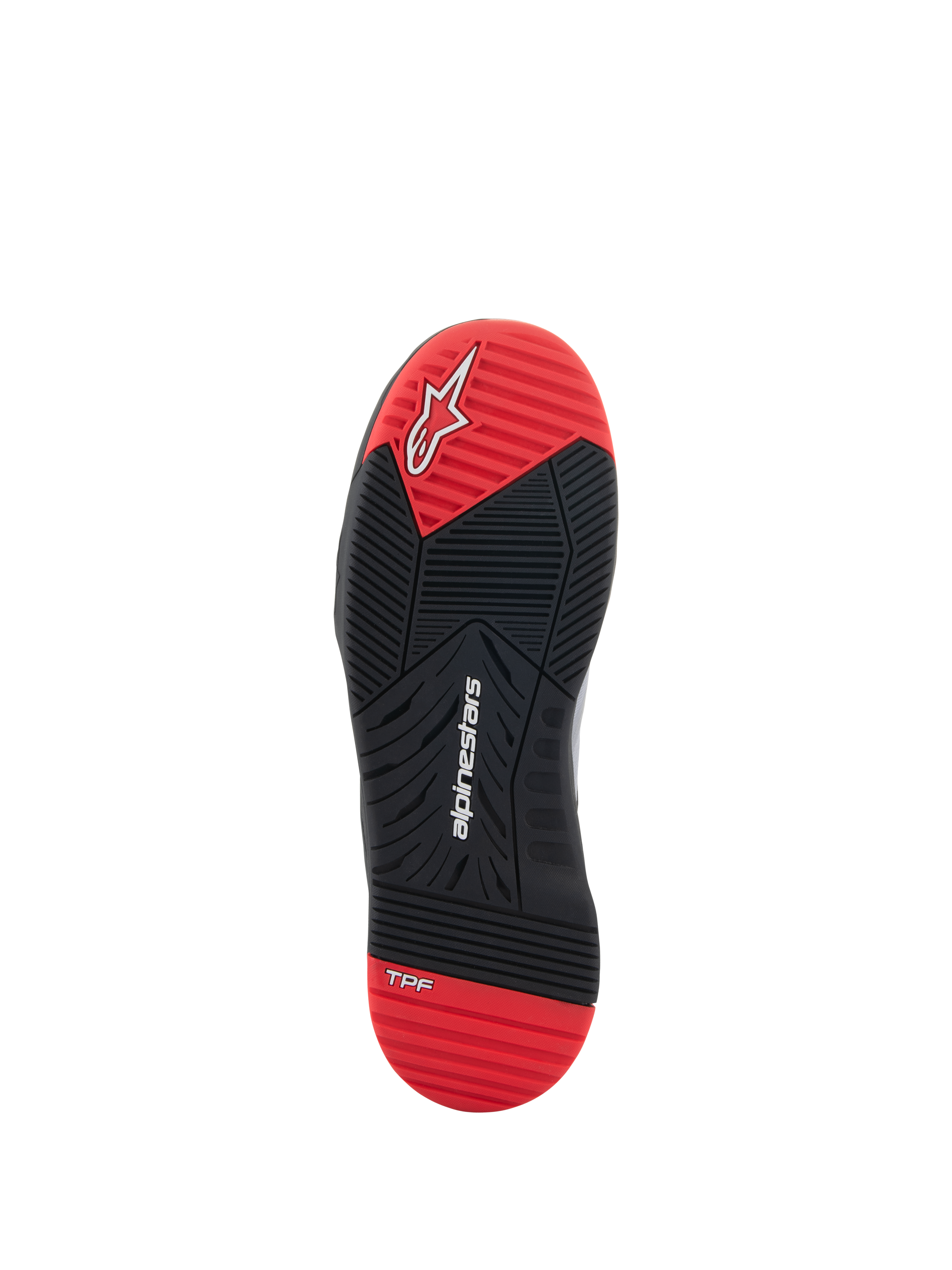 Alpinestars Speedflight Shoes, Motorcycle Riding Shoes, Bottom Sole View, Black and Bright Red, featuring white Alpinestars logo and TPF branding, dual-density rubber outsole with multi-directional grip pattern.