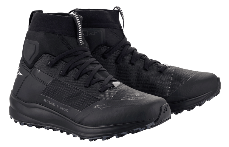 Alpinestars Speedforce Shoes, Motorcycle Riding Shoes, Black, high-cut design with MATRYX® technical construction, running shoe silhouette, featuring Astars logos and coordinates on the side, urban road riding gear