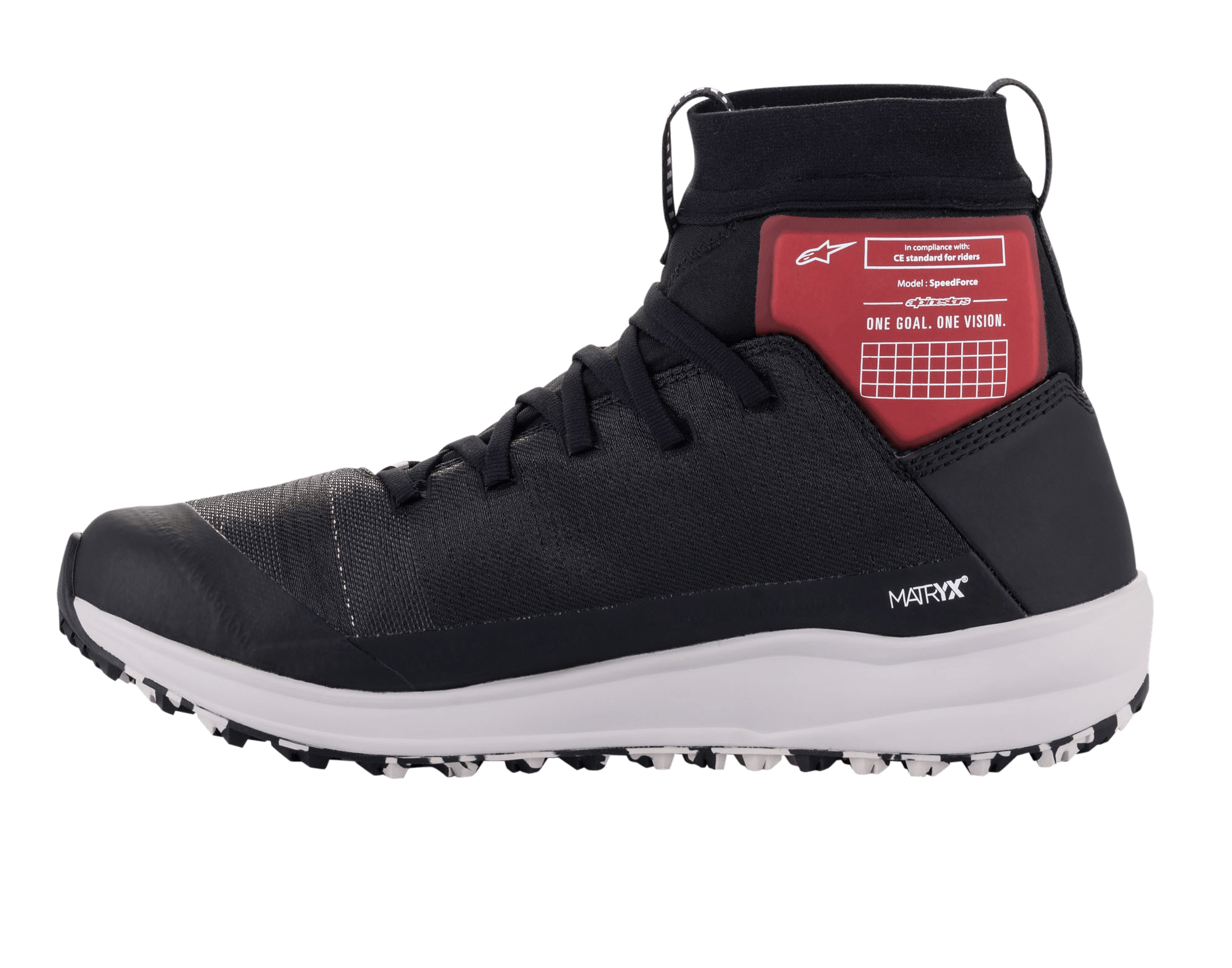 Zapatillas Alpinestars Speedforce, calzado para motociclismo, negro, blanco y rojo, con parte superior textil MATRYX, protección de tobillo de corte alto con panel gráfico rojo, entresuela deportiva blanca y silueta inspirada en zapatillas de running para conducción urbana