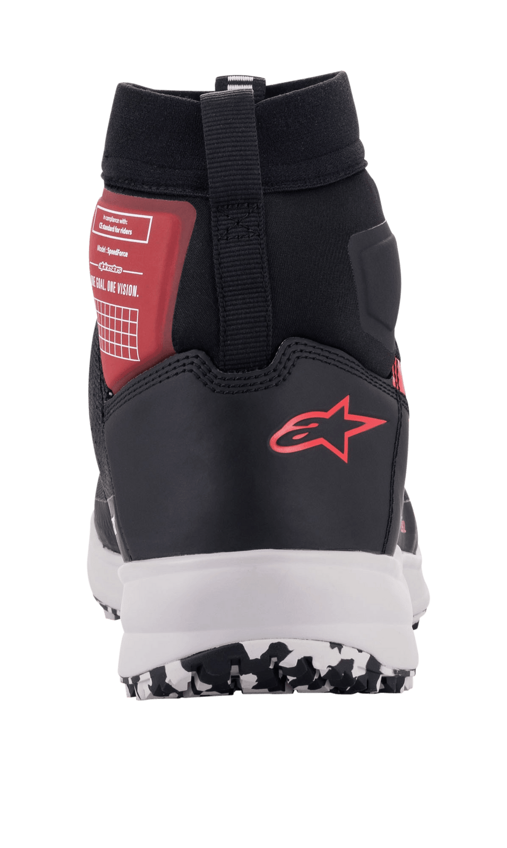Alpinestars Speedforce Shoes, zapatillas de motociclismo urbano en negro, blanco y rojo, vista trasera con el logotipo rojo de Alpinestars en el talón, entresuela blanca y soporte de tobillo de corte alto