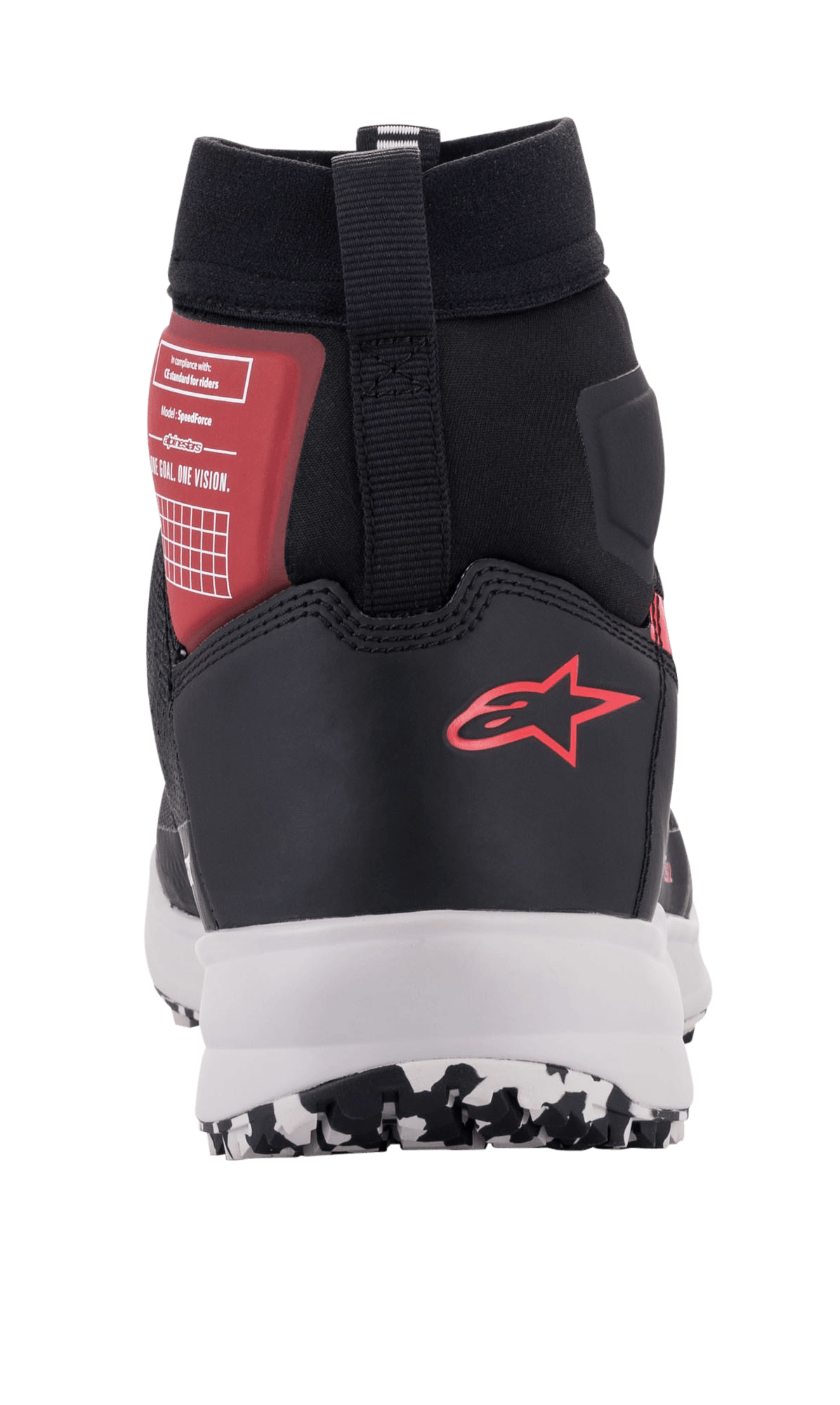 Alpinestars Speedforce Shoes, zapatillas de motociclismo urbano en negro, blanco y rojo, vista trasera con el logotipo rojo de Alpinestars en el talón, entresuela blanca y soporte de tobillo de corte alto