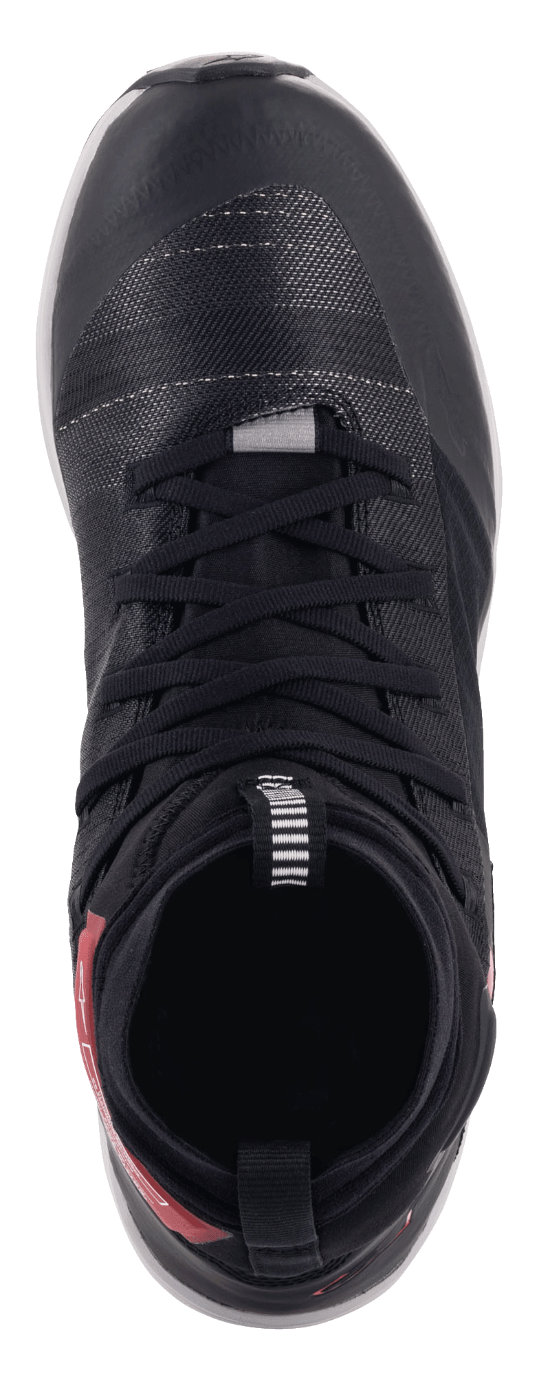 Alpinestars Speedforce Shoes, vista superior, color negro con detalles rojos en el talón, calzado de motociclismo de corte alto con parte superior de tejido MATRYX, cordones negros y silueta de zapatilla de running