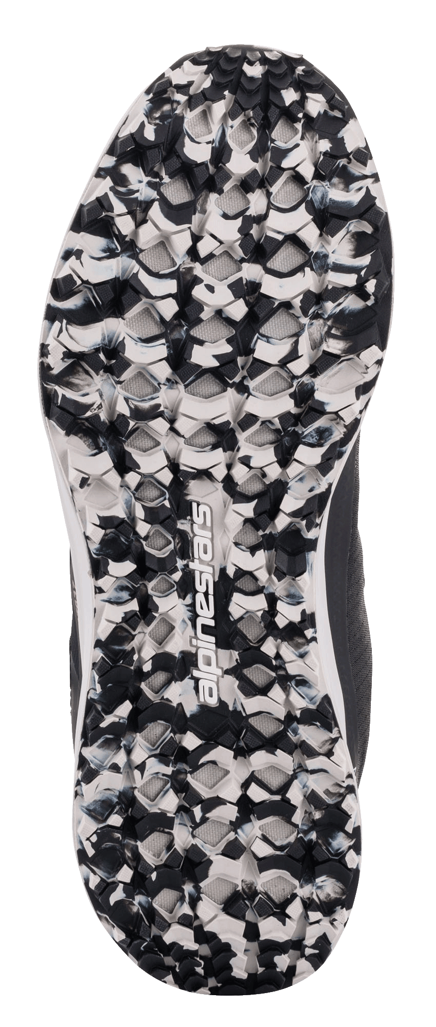 Zapatillas Alpinestars Speedforce, detalle de la suela exterior en blanco y negro jaspeado, patrón de tracción texturizado con el logotipo central de Alpinestars, calzado de estilo casual para motociclistas diseñado para ofrecer agarre y comodidad