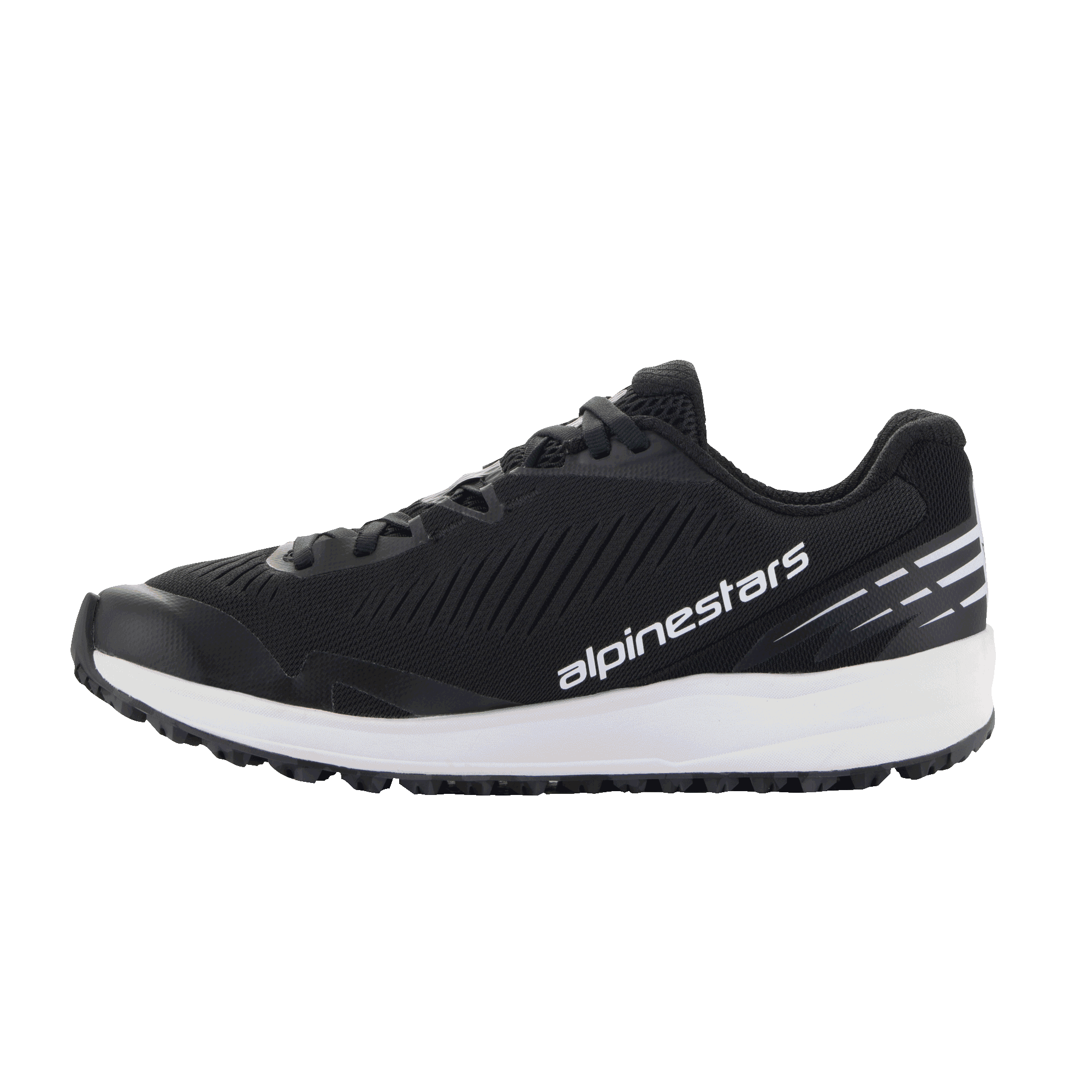 Zapatos Alpinestars Meta Road V2, calzado deportivo, negros y blancos, parte superior de malla transpirable con relieves texturizados diagonales, entresuela blanca gruesa, logotipo blanco de Alpinestars en el lateral, detalles de rayas blancas en el talón, diseño atlético para uso casual y ropa de trabajo de equipos de carreras