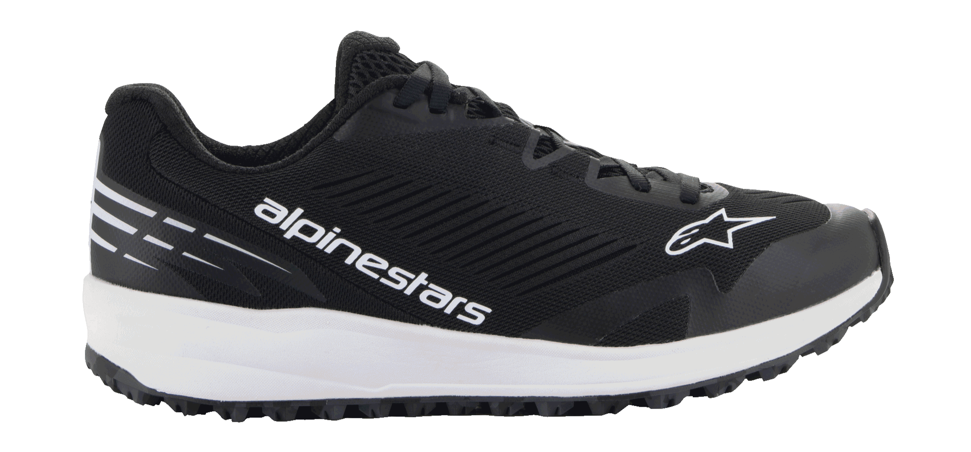 Zapatillas Alpinestars Meta Road V2, calzado deportivo negro con suela blanca gruesa, logo de estrella y marca en blanco, parte superior de malla texturizada, cordones negros y suela de gran agarre, diseño deportivo ligero para ropa de trabajo de equipos de carreras y uso casual