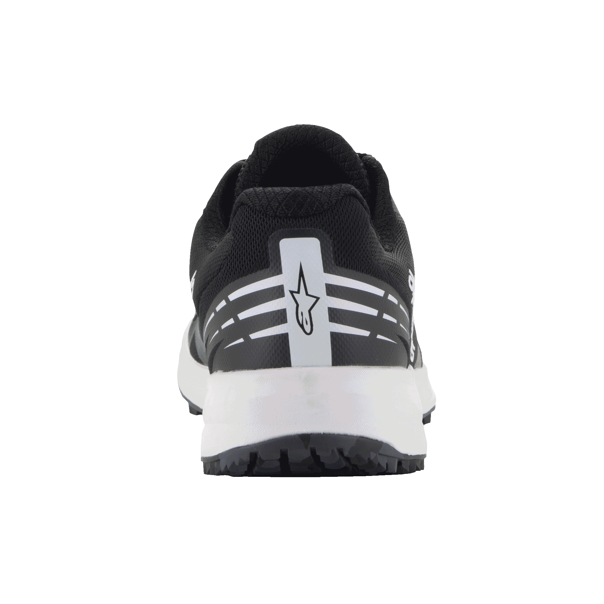 Zapatos Alpinestars Meta Road V2, calzado de sportswear, negro y blanco, vista trasera con el logotipo de estrella de Alpinestars en blanco y franjas horizontales en el talón, entresuela blanca, diseño ligero y transpirable para ropa de trabajo de equipos de carreras