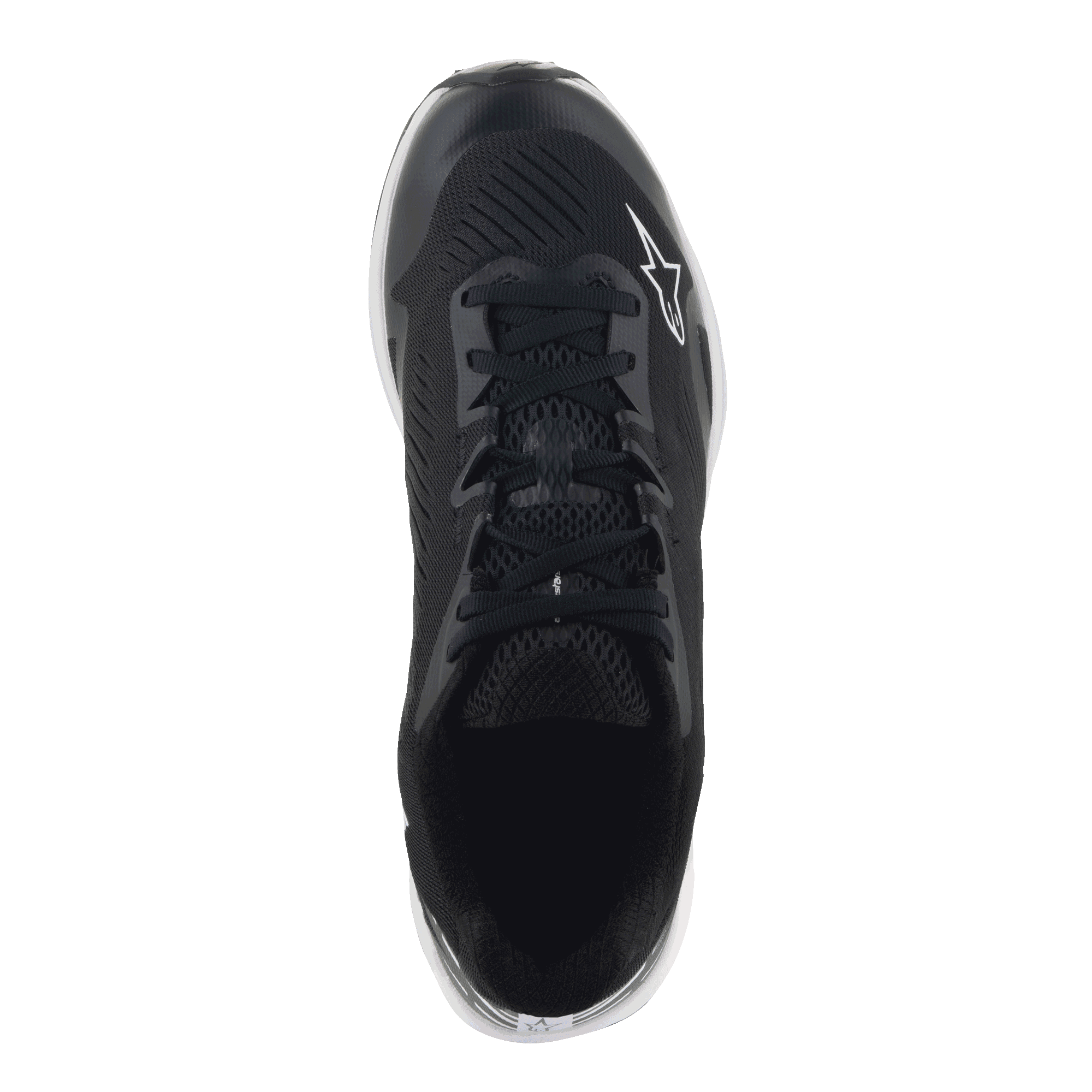 Zapatos Alpinestars Meta Road V2, calzado deportivo, negro y blanco, vista superior que muestra la parte superior de malla sintética transpirable, cordones negros y logotipo Astars blanco, diseñados para comodidad durante todo el día y ropa de trabajo para equipos de carreras.