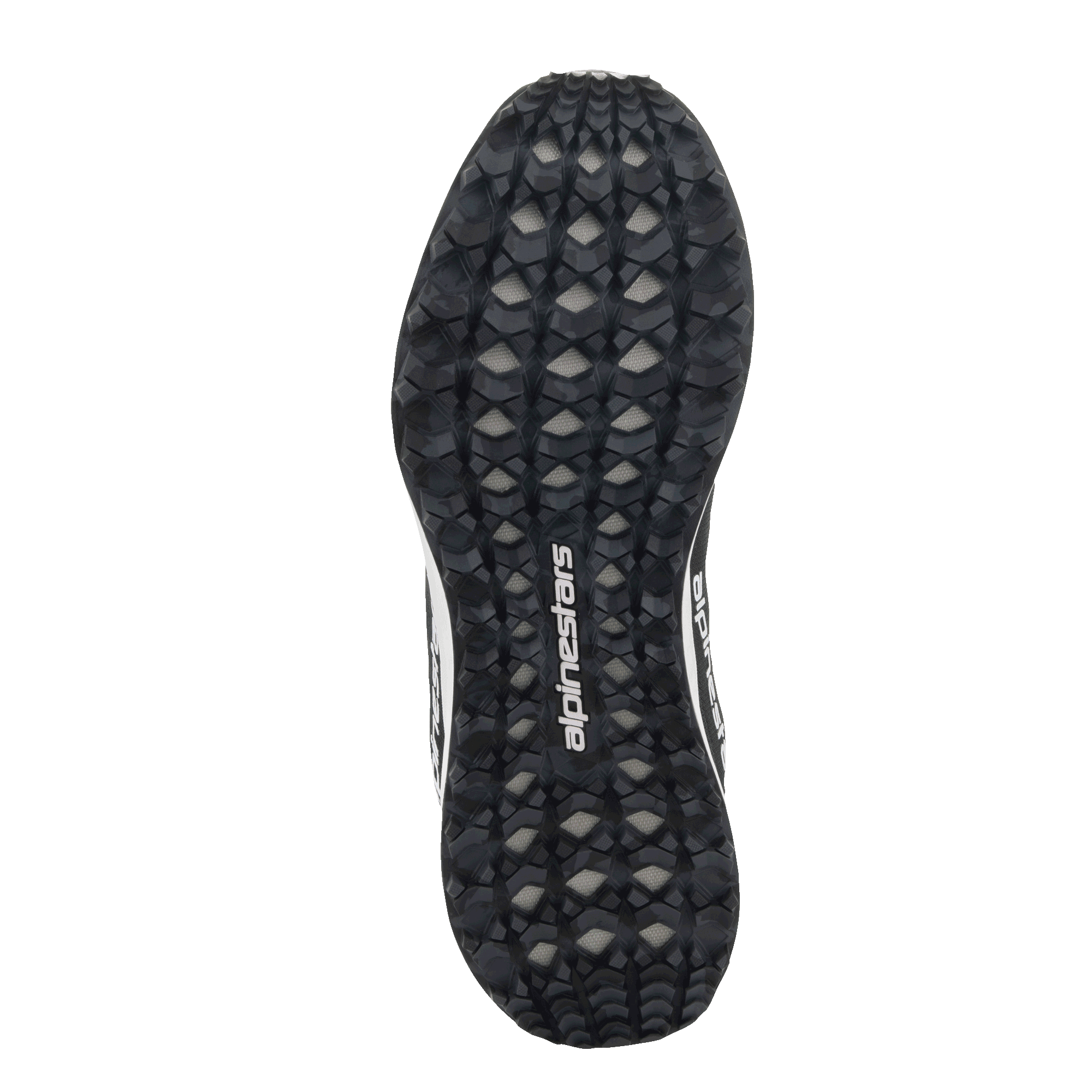 Zapatos Alpinestars Meta Road V2, vista inferior de la suela, patrón de agarre con tacos estilo camuflaje en negro y gris, logotipo de Alpinestars en blanco, suela de goma duradera para tracción en múltiples terrenos