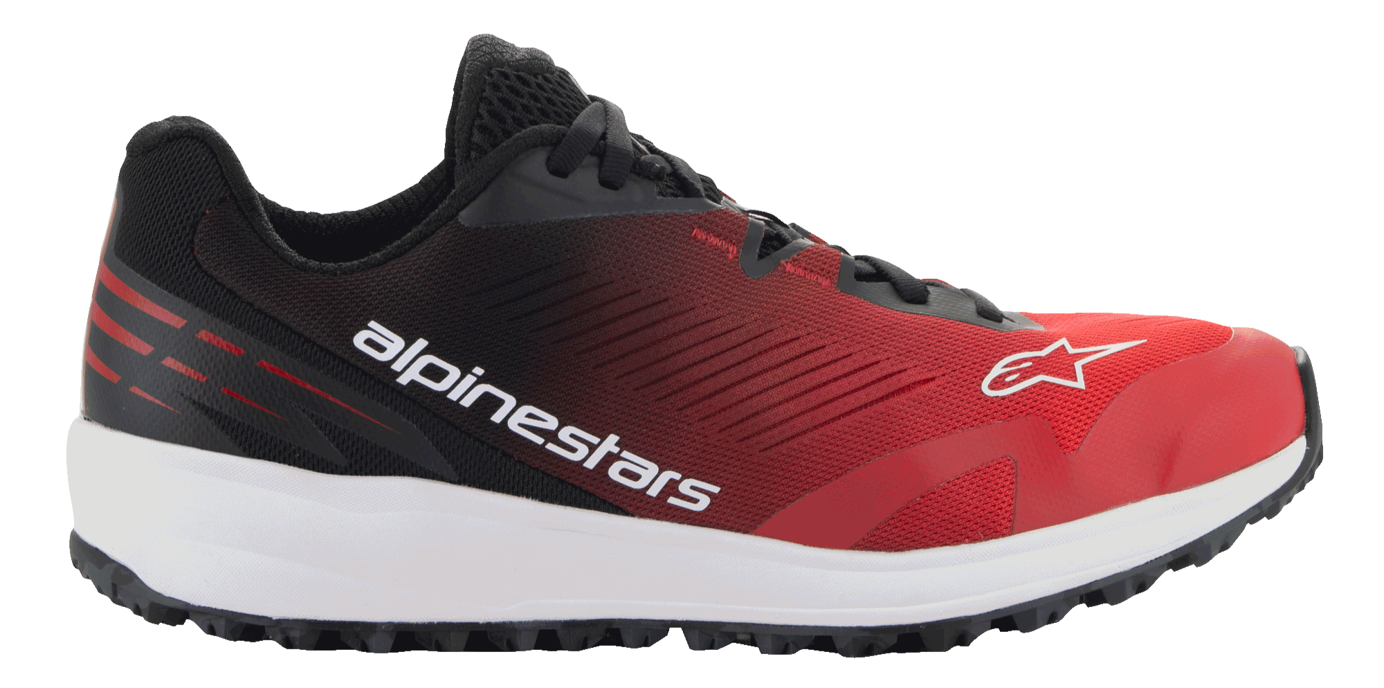 Alpinestars Meta Road V2 Shoes, Sportswear Shoes, Red Black and White, side profile view with a breathable mesh upper, white midsole, black outsole, and bold Alpinestars branding on the side