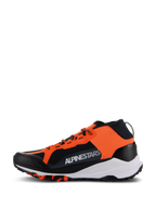 Alpinestars Meta XR V2 Shoes, Sport Casual Shoes, Black Orange and White, profile view featuring vibrant orange panel with white branding, breathable black mesh, thick white midsole, and rugged textured outsole.