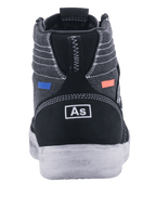 Zapatos de moto Alpinestars Ageless, calzado para motorista, negro y gris Cool Gray, vista trasera con lona gris oscuro y costuras blancas, talón de ante negro con logotipo blanco, detalles en azul y naranja, diseño urbano casual con suela blanca
