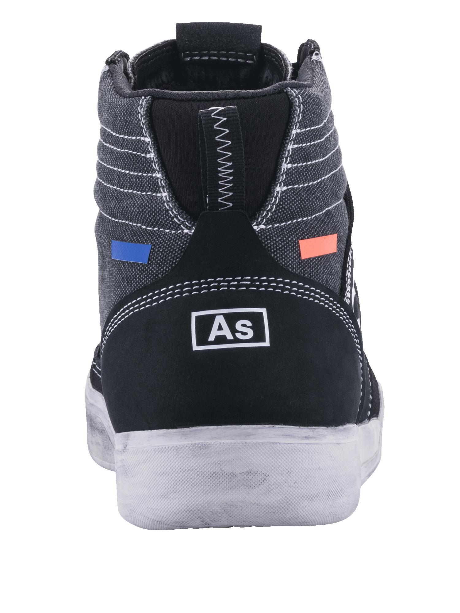 Zapatos de moto Alpinestars Ageless, calzado para motorista, negro y gris Cool Gray, vista trasera con lona gris oscuro y costuras blancas, talón de ante negro con logotipo blanco, detalles en azul y naranja, diseño urbano casual con suela blanca