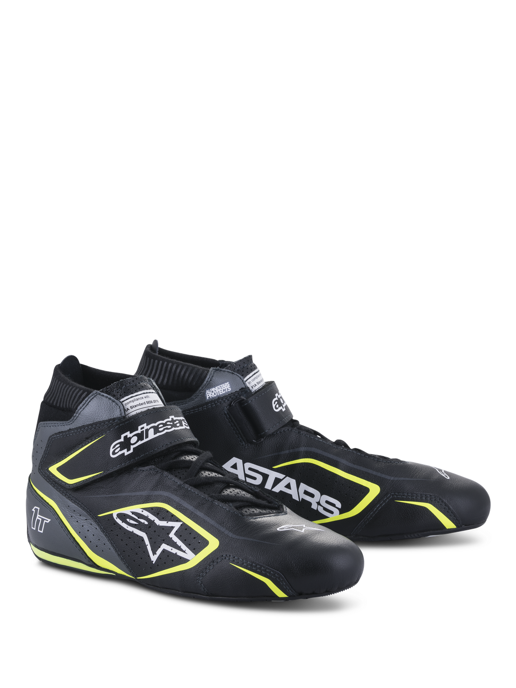 Alpinestars Tech-1 T V3 Shoes FIA, zapatillas de automovilismo, negro, gris frío y amarillo flúor, construcción integral en cuero con correa de velcro, detalles amarillos flúor, logotipos blancos prominentes de Alpinestars y ASTARS, diseño profesional para automovilismo