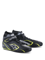 Alpinestars Tech-1 T V3 Shoes FIA, zapatillas de automovilismo, negro, gris frío y amarillo flúor, construcción integral en cuero con correa de velcro, detalles amarillos flúor, logotipos blancos prominentes de Alpinestars y ASTARS, diseño profesional para automovilismo