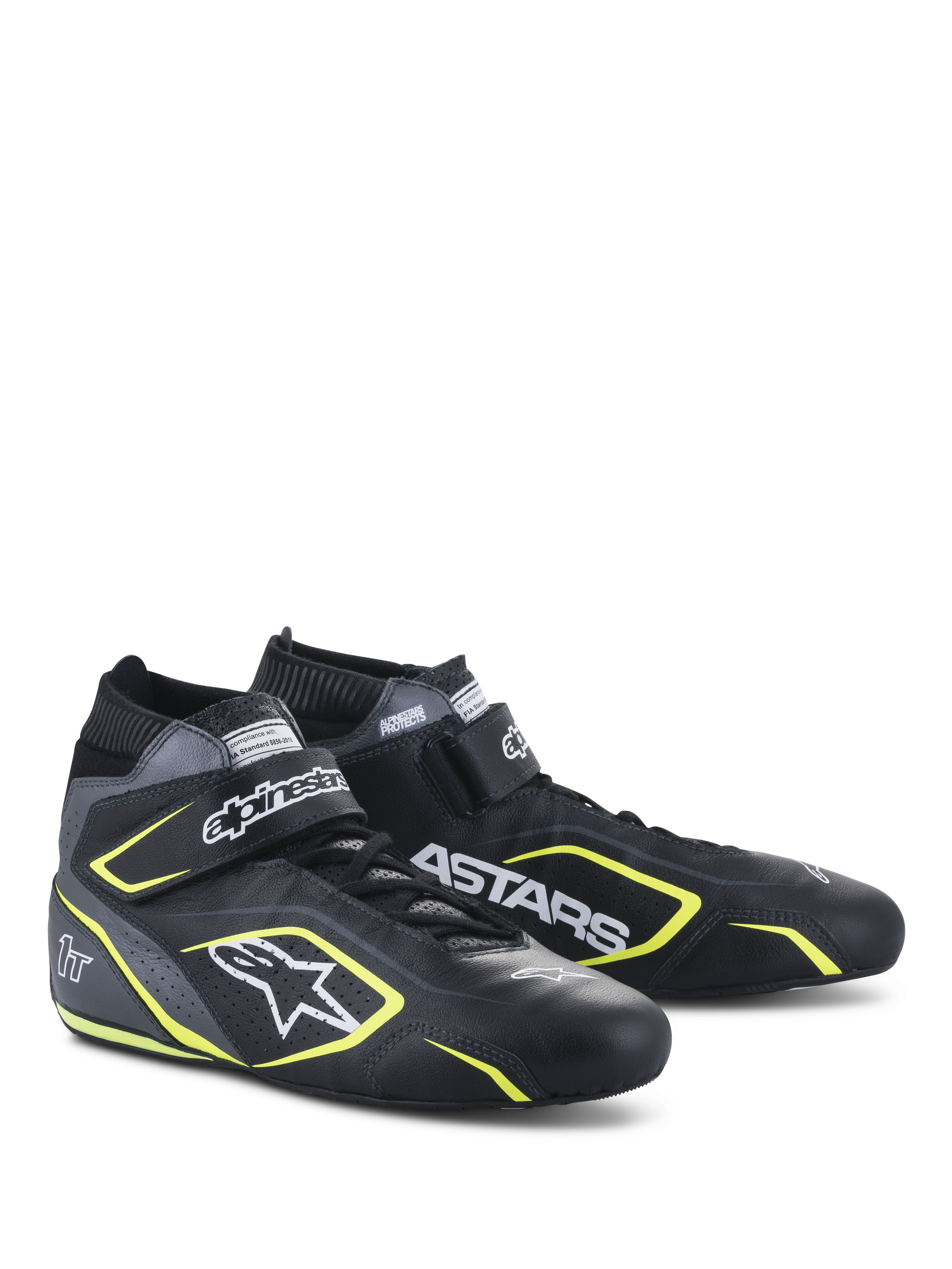 Alpinestars Tech-1 T V3 Shoes FIA, zapatillas de automovilismo, negro, gris frío y amarillo flúor, construcción integral en cuero con correa de velcro, detalles amarillos flúor, logotipos blancos prominentes de Alpinestars y ASTARS, diseño profesional para automovilismo