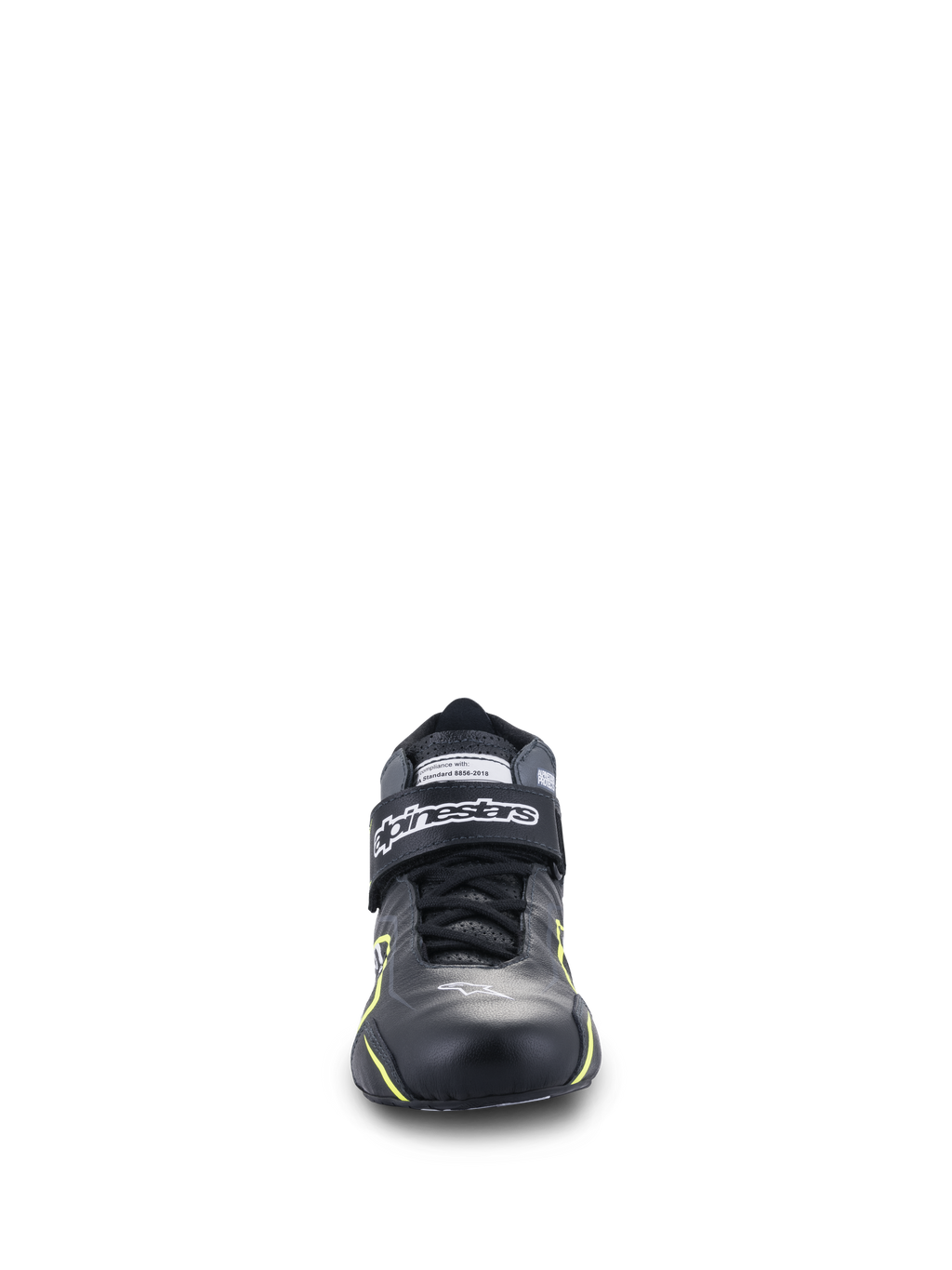 Zapatos Alpinestars Tech-1 T V3 FIA, calzado de automovilismo, negros con detalles en amarillo flúor, vista frontal, construcción íntegramente en cuero con correa de velcro en el tobillo, logotipo de Alpinestars en blanco, diseño técnico para conducción de alto rendimiento