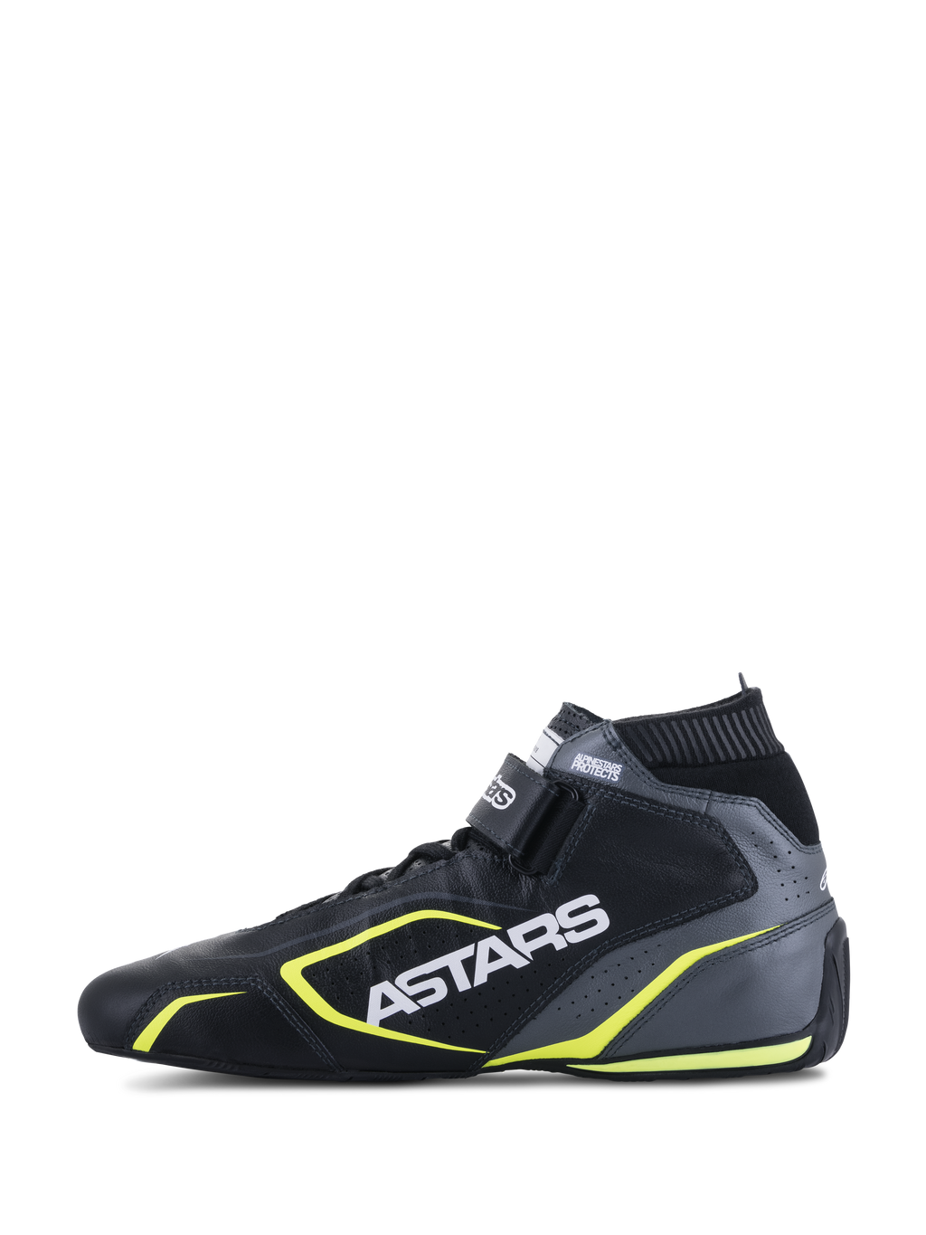 Alpinestars Tech-1 T V3 Shoes FIA, zapatos de automovilismo, negro, gris frío y amarillo flúor, vista de perfil lateral que muestra la construcción de cuero, logotipo ASTARS en blanco, cuello elástico ignífugo y detalles en amarillo vibrante.