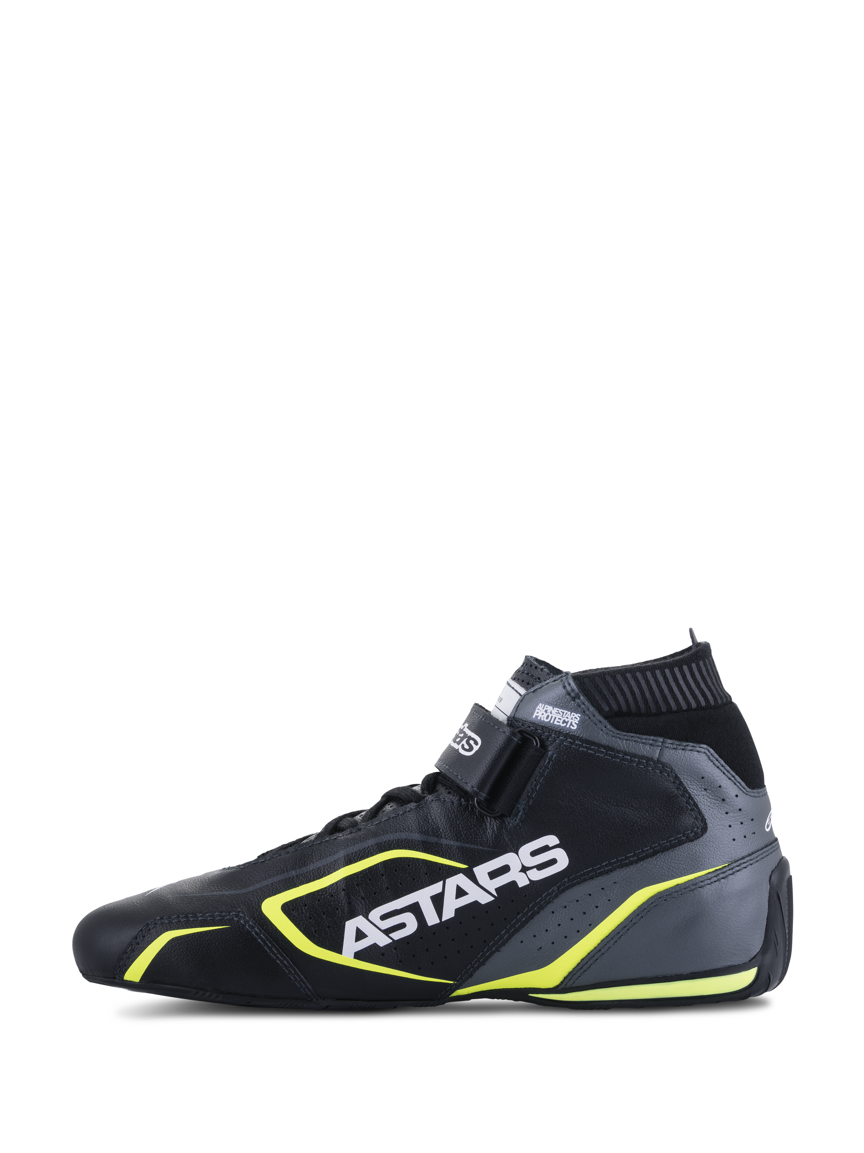 Alpinestars Tech-1 T V3 Shoes FIA, zapatos de automovilismo, negro, gris frío y amarillo flúor, vista de perfil lateral que muestra la construcción de cuero, logotipo ASTARS en blanco, cuello elástico ignífugo y detalles en amarillo vibrante.