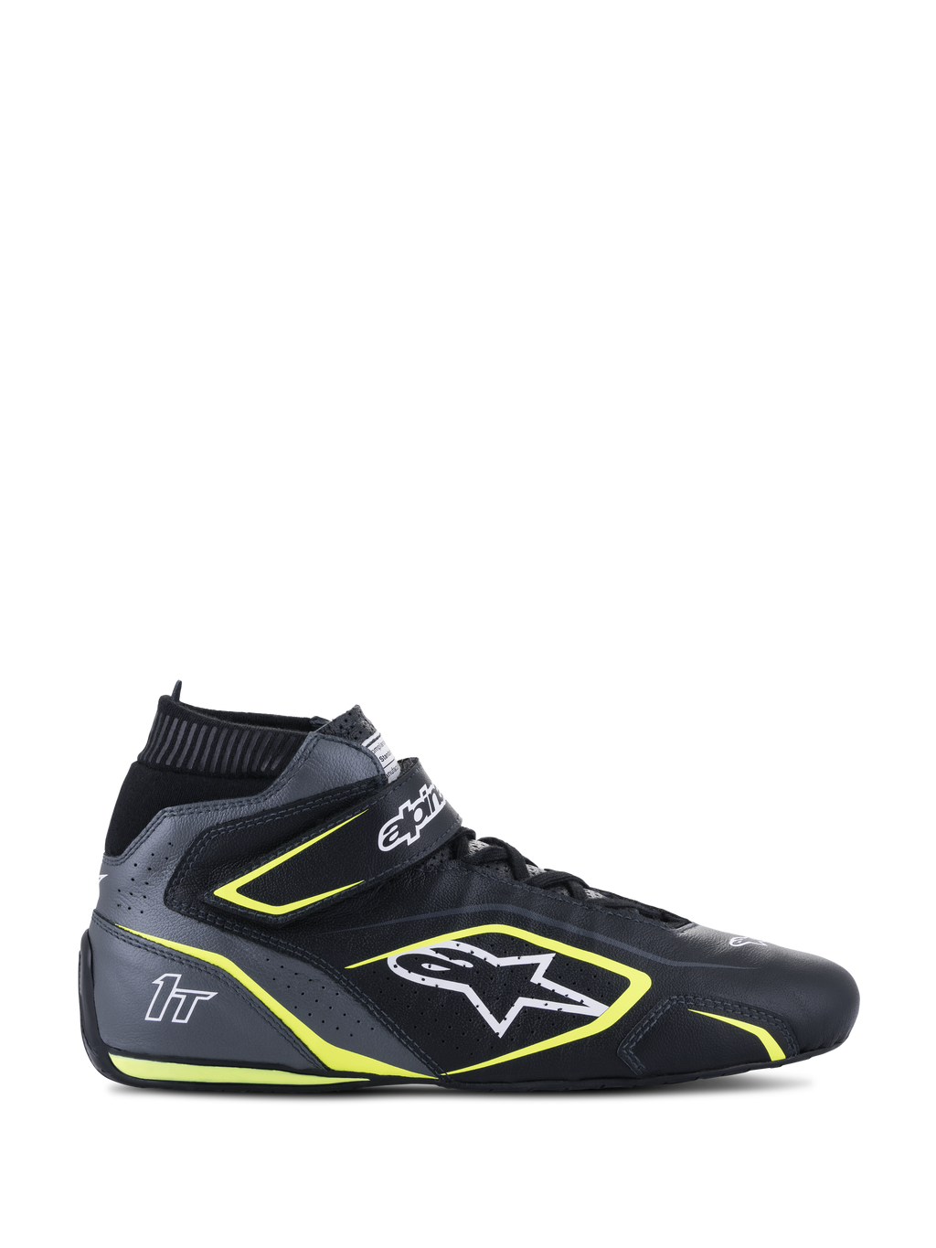 Alpinestars Tech-1 T V3 FIA, zapatos de carreras de caña alta, negro y gris frío con detalles en amarillo fluo, construcción en cuero de vaca perforado, correa de tobillo de velcro y cordones, logotipo blanco y marca 1T, certificación FIA 8856-2018 para automovilismo