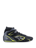 Alpinestars Tech-1 T V3 FIA, zapatos de carreras de caña alta, negro y gris frío con detalles en amarillo fluo, construcción en cuero de vaca perforado, correa de tobillo de velcro y cordones, logotipo blanco y marca 1T, certificación FIA 8856-2018 para automovilismo