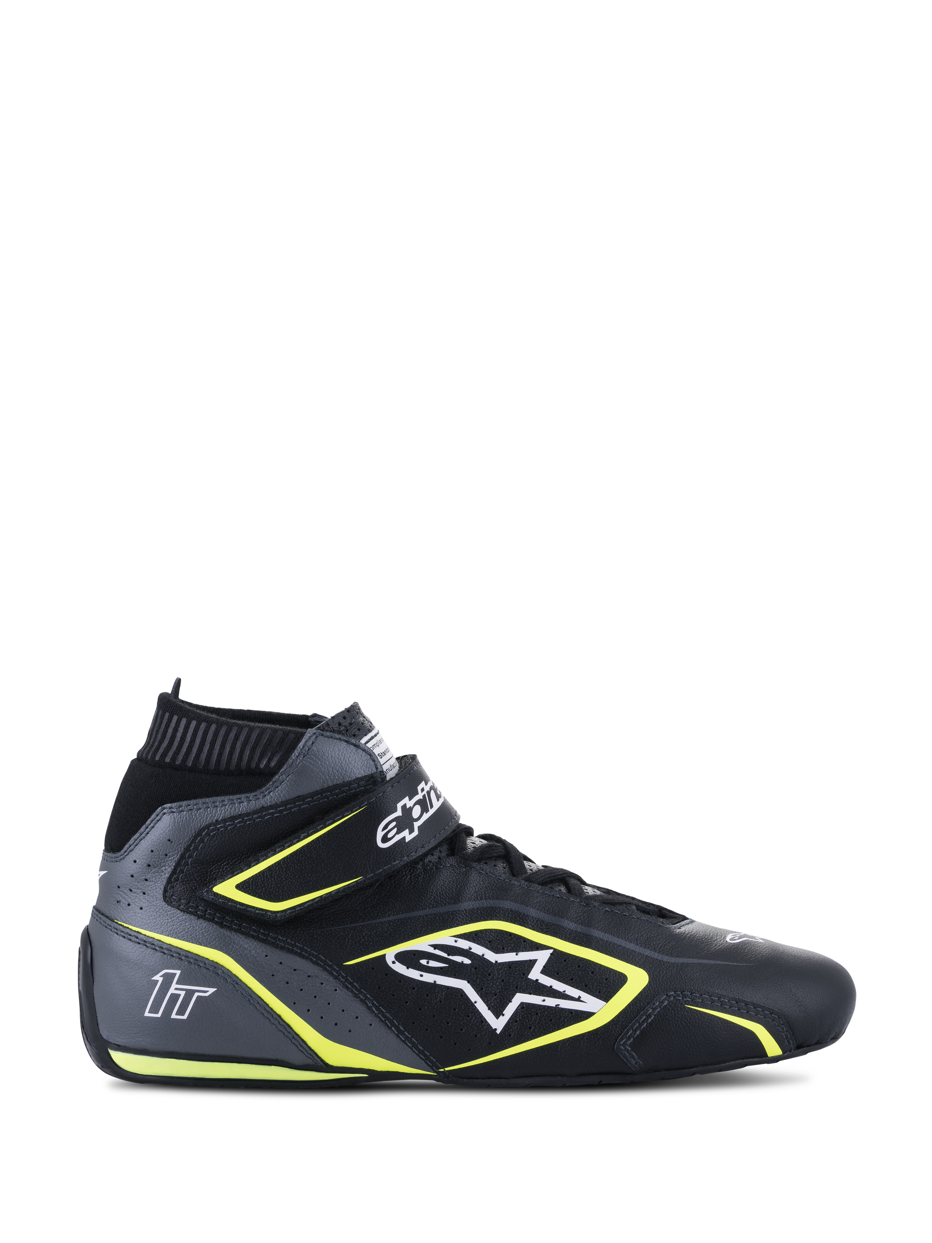 Alpinestars Tech-1 T V3 FIA, zapatos de carreras de caña alta, negro y gris frío con detalles en amarillo fluo, construcción en cuero de vaca perforado, correa de tobillo de velcro y cordones, logotipo blanco y marca 1T, certificación FIA 8856-2018 para automovilismo