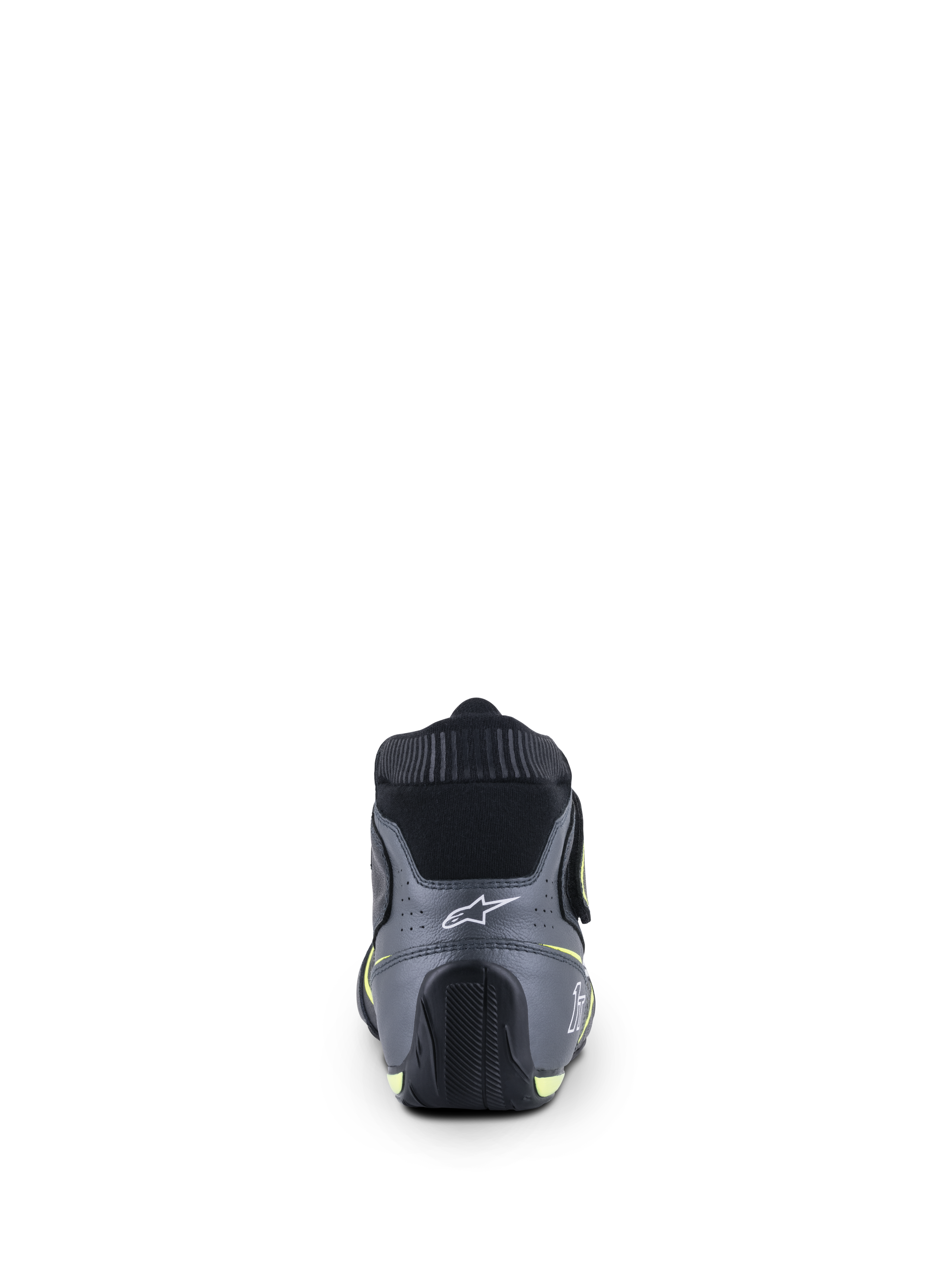 Alpinestars Tech-1 T V3 Shoes FIA, zapatos de automovilismo, negro, gris frío y amarillo flúor, vista trasera con el logotipo de la estrella blanca en el talón y cuello elástico ignífugo